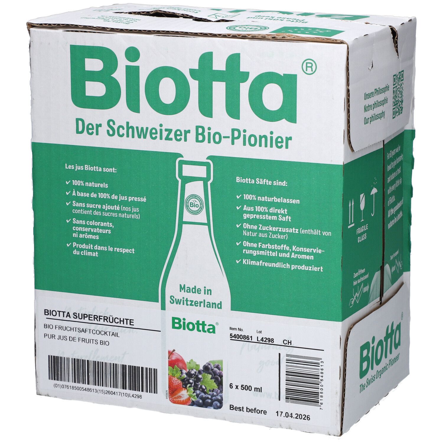 Karton BIOTTA mit grünen und weißen Elementen. Text: Der Schweizer Bio-Pionier. 6 x 500 ml. MHD: 17.04.2026. Enthält 6 Flaschen.