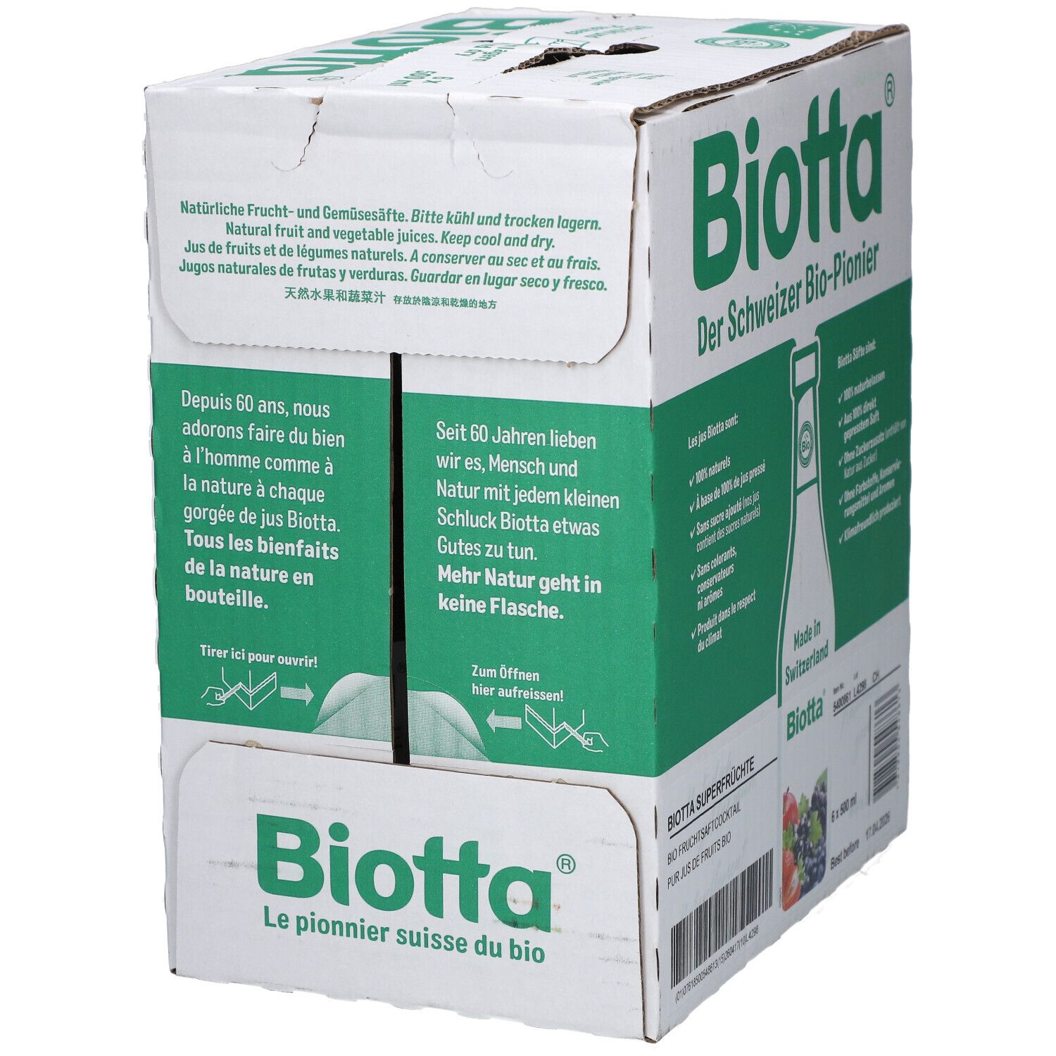 Karton BIOTTA mit grünen und weißen Elementen. Text: Der Schweizer Bio-Pionier. Enthält 6 Flaschen. Text: Zum Öffnen hier aufreissen.