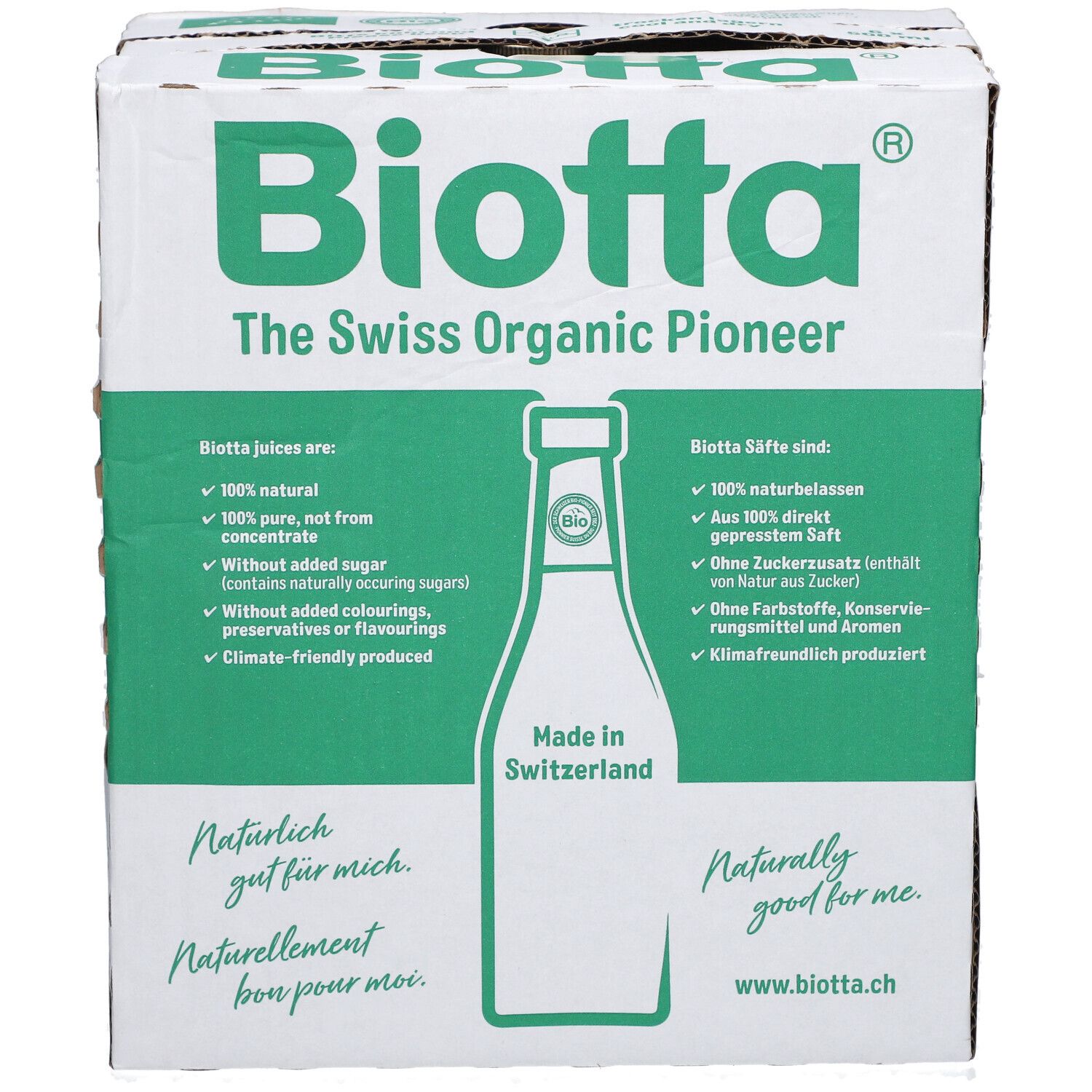 Karton BIOTTA mit grünen und weißen Elementen. Text: The Swiss Organic Pioneer, Made in Switzerland. Enthält 6 Flaschen.