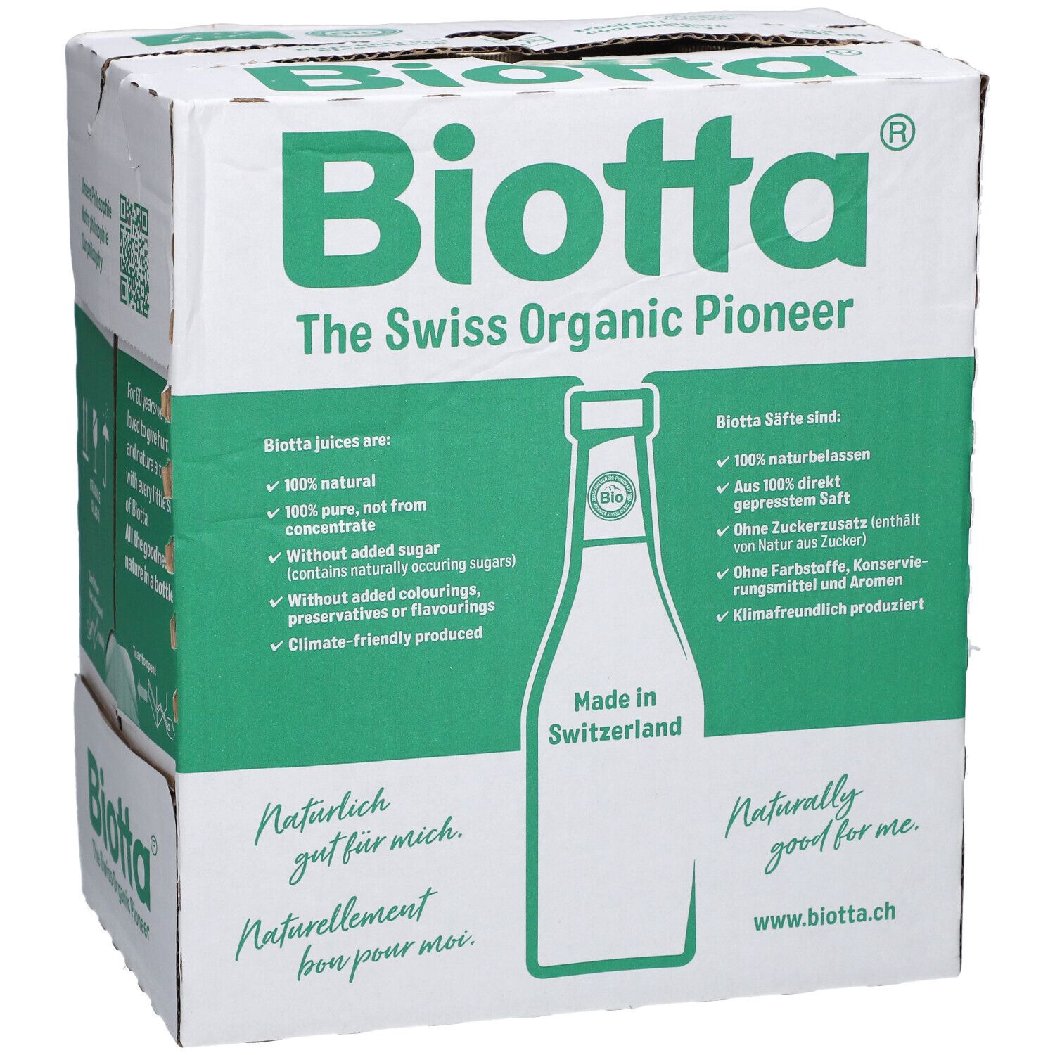 Karton BIOTTA mit grünen und weißen Elementen. Text: The Swiss Organic Pioneer, Made in Switzerland. Enthält 6 Flaschen.