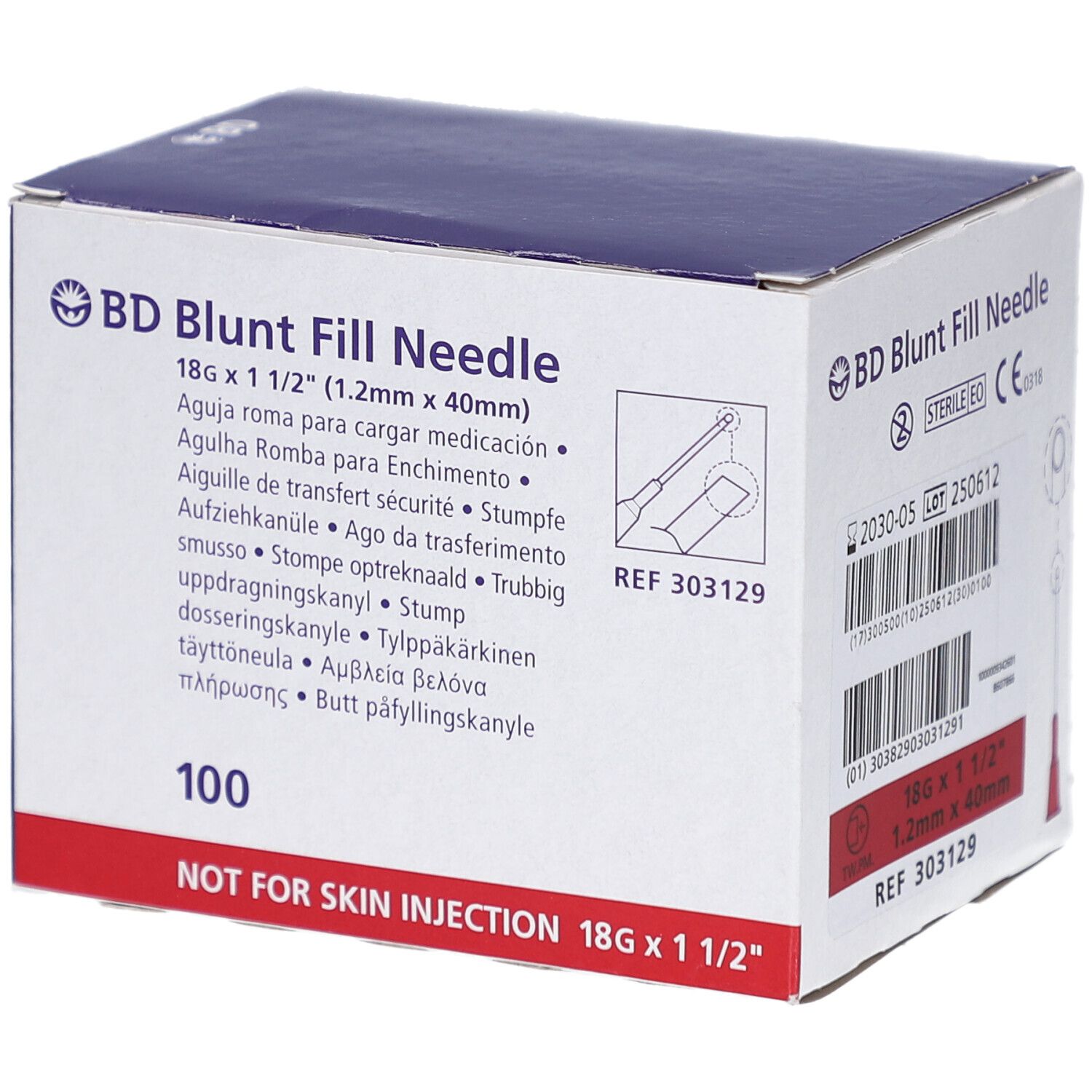 Verpackung von BD Blunt Fill Needle. Weißer Karton mit blauer Schrift und rotem Akzent. 100 Stück.