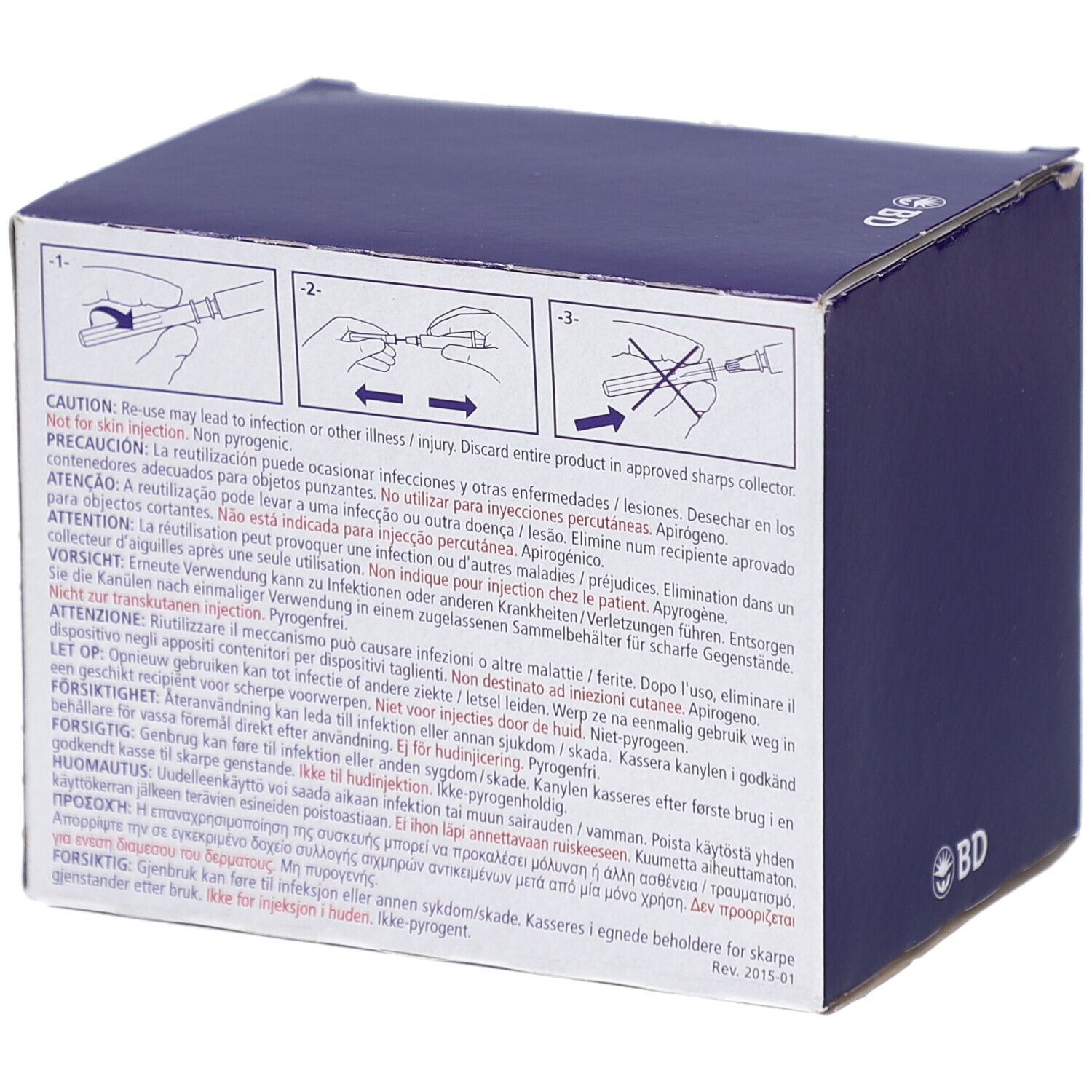 Rückseite der BD Blunt Fill Needle Verpackung. Blaue Oberfläche mit Warnhinweisen und Piktogrammen.