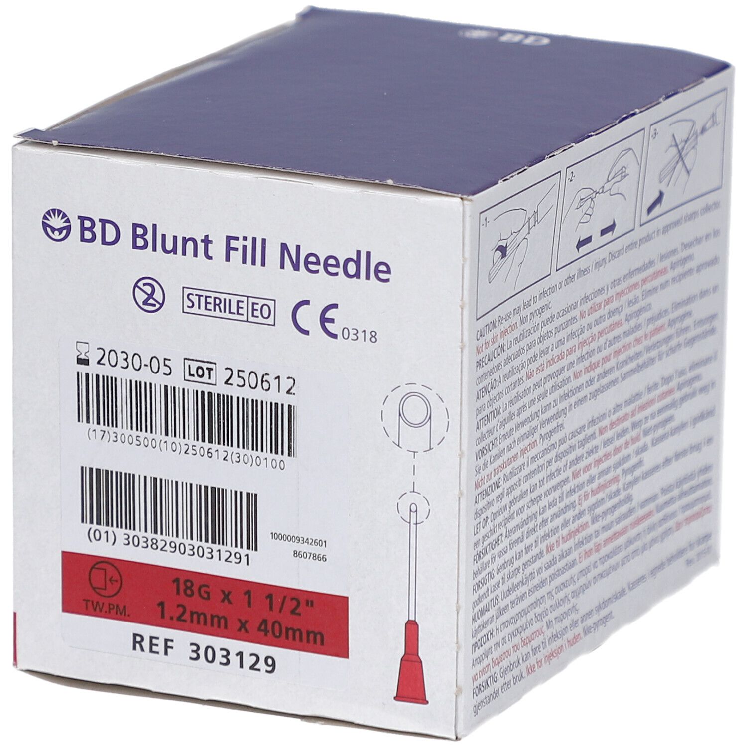 BD Blunt Fill Needle Verpackung. Weißer Karton mit roter Nadel. Steril, 18G x 1 1/2".