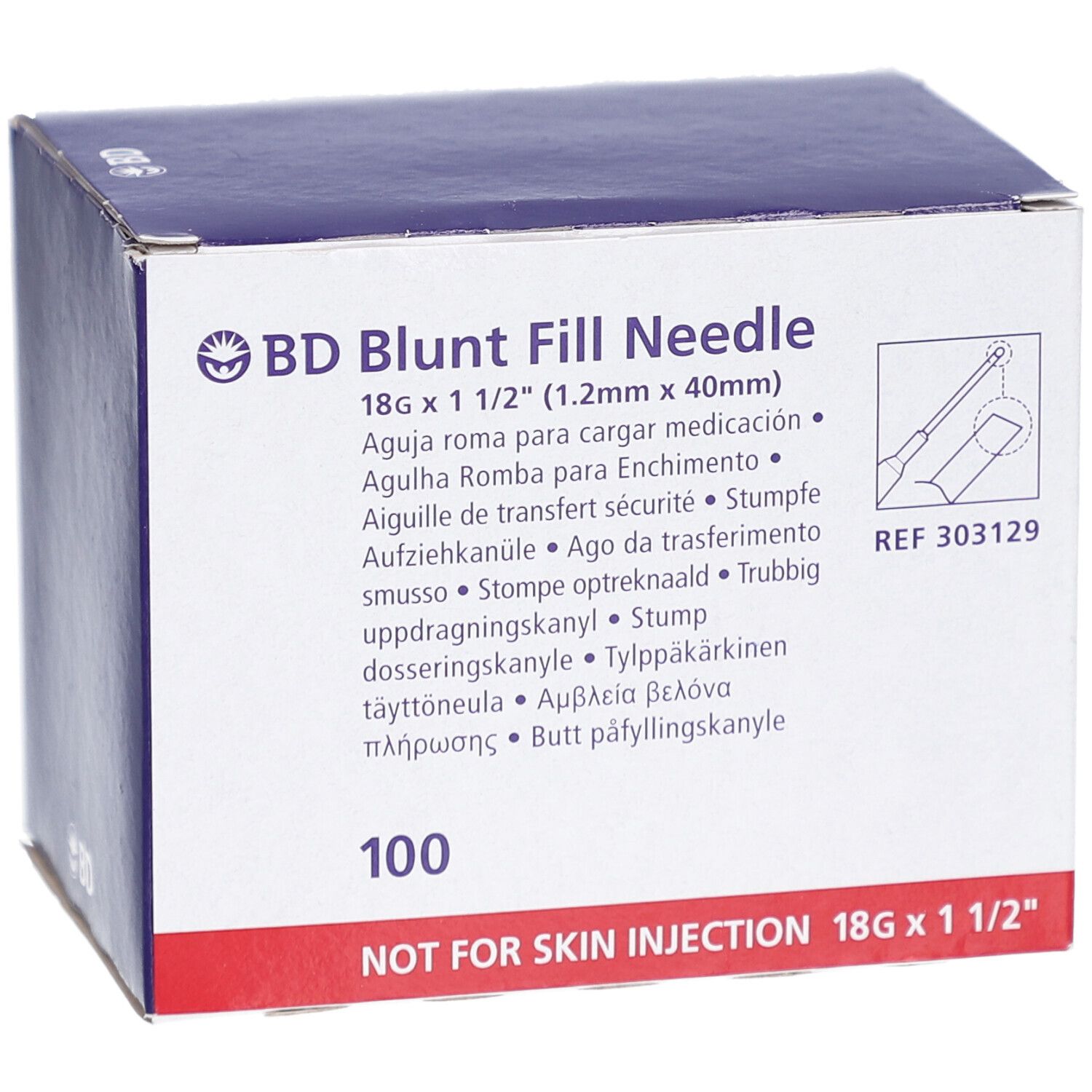 BD Blunt Fill Needle Verpackung. Weißer Karton mit blauer Schrift. Enthält 100 Stück.