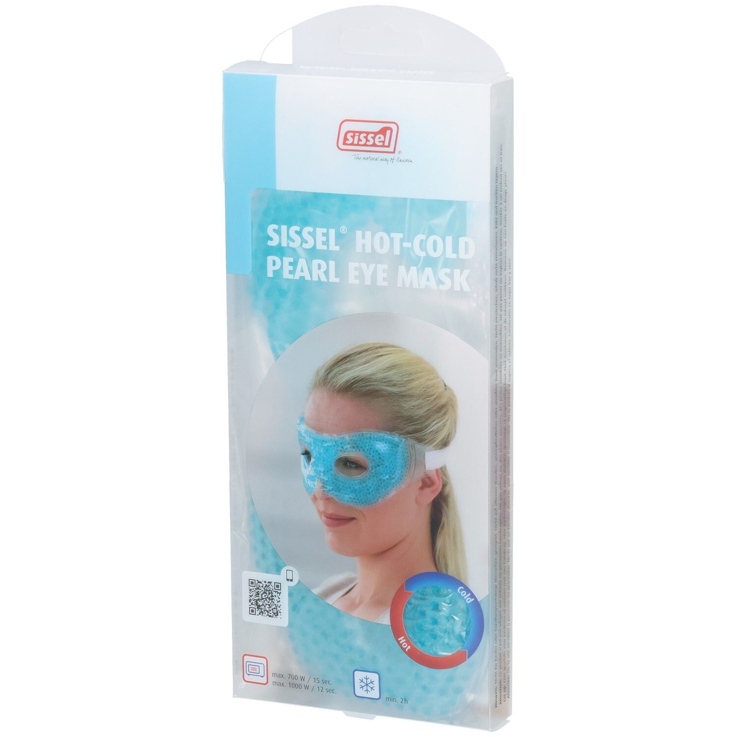 Masque oculaire perlé chaud-froid SISSEL dans son emballage, avec exemple d'utilisation.