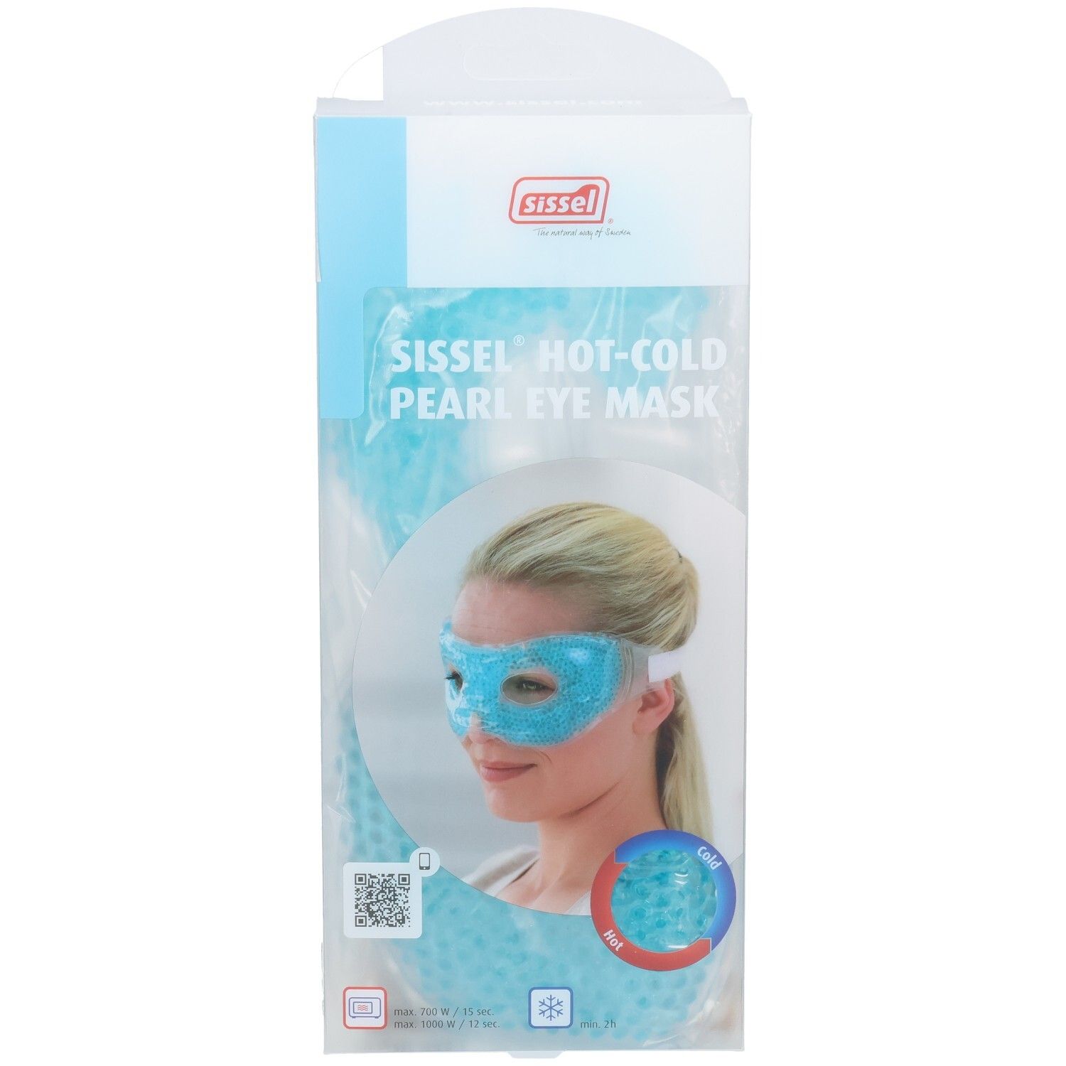 Masque oculaire perlé chaud-froid SISSEL dans son emballage, vue de face avec illustration du produit.