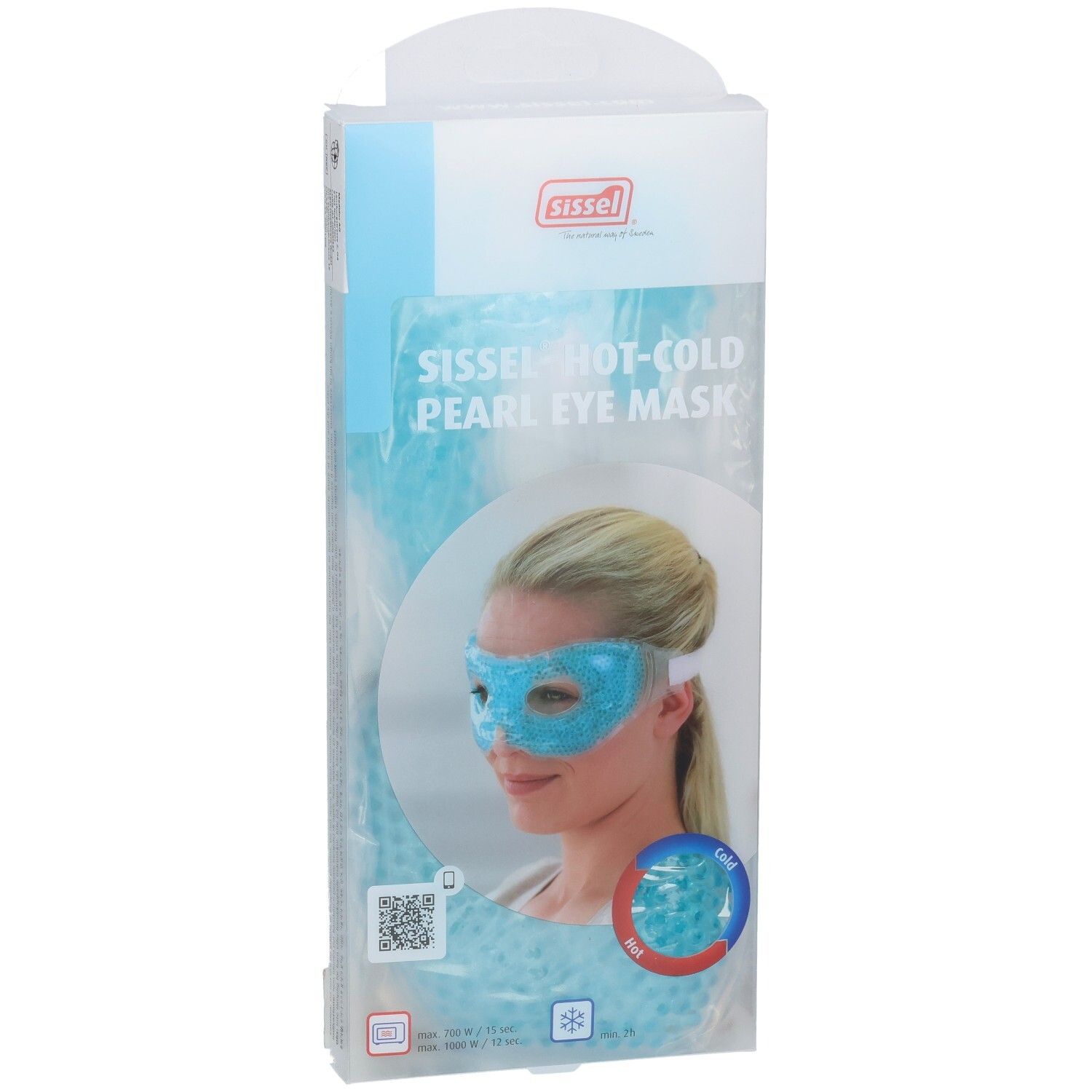 Masque oculaire perlé chaud-froid SISSEL dans son emballage, vue de face avec illustration du produit.