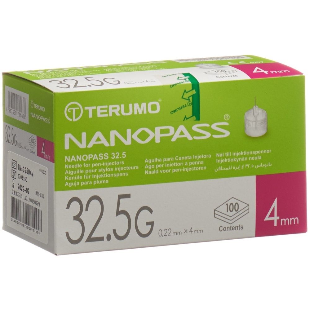 Verpackung von Terumo NANOPASS 32.5G Pen-Nadeln. Grün-weiß, mit Produktbezeichnung, Nadelgröße 0,22x4mm und Inhalt 100 Stück.