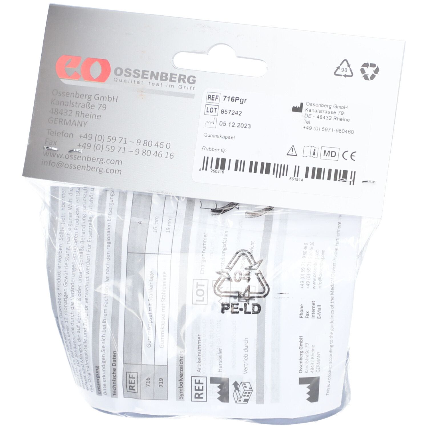 OSSENBERG Krückenkapsel 16mm grau 1 Paar