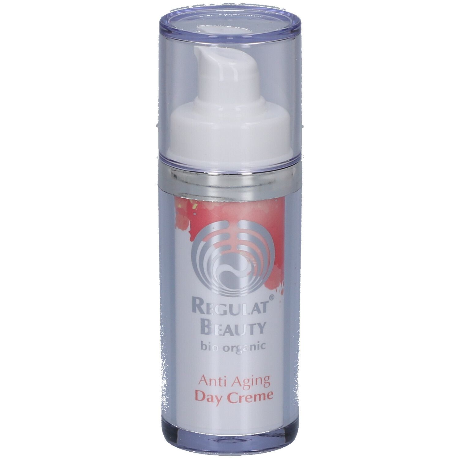 Flacon transparent avec pompe blanche et bouchon. Inscription : Regulat Beauty, Anti Aging Day Creme.