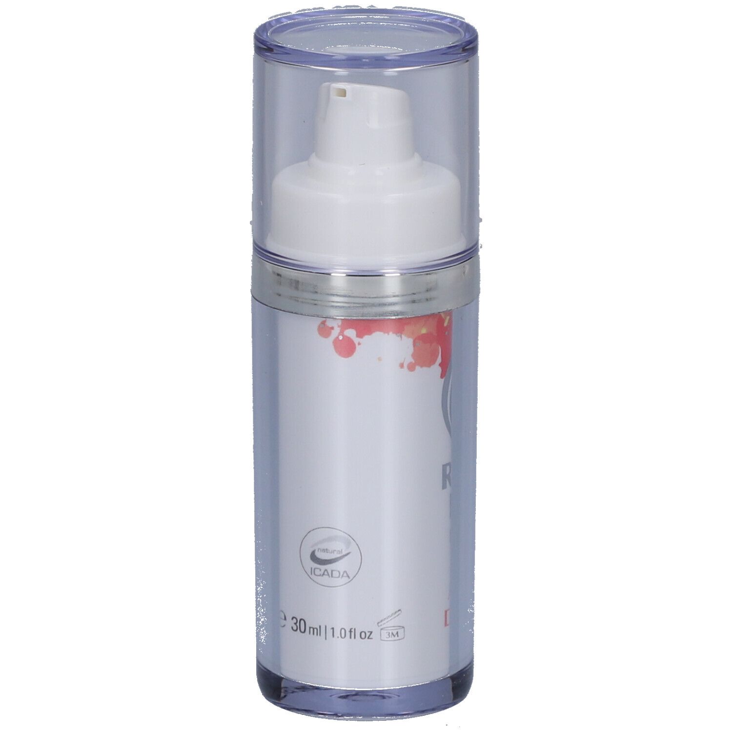 Flacon transparent avec pompe blanche et bouchon. Inscription : ICADA, 30ml, 1.0 fl oz.
