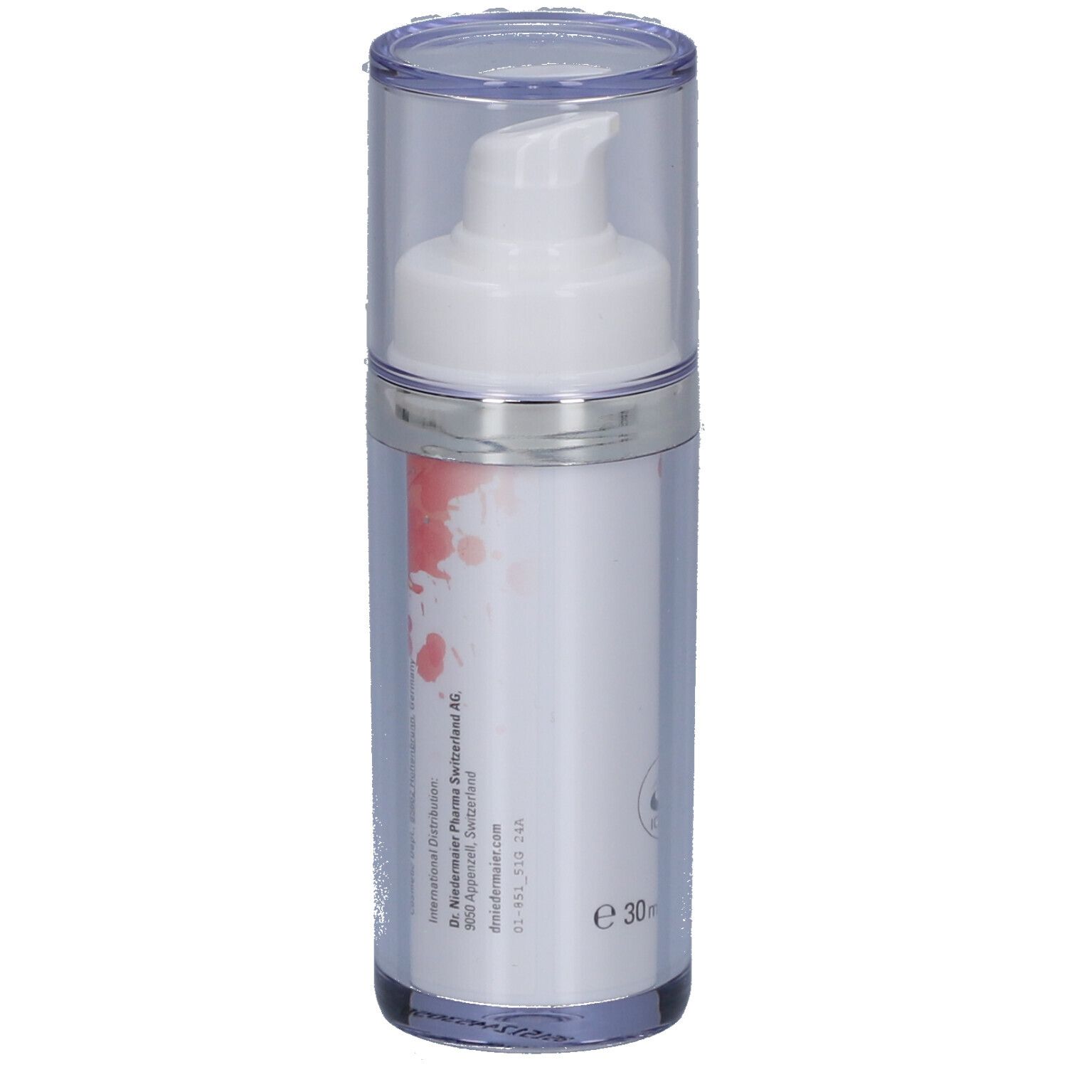 Flacon transparent avec pompe blanche et bouchon. Inscription : Dr. Niedermaier Pharma, e 30ml.