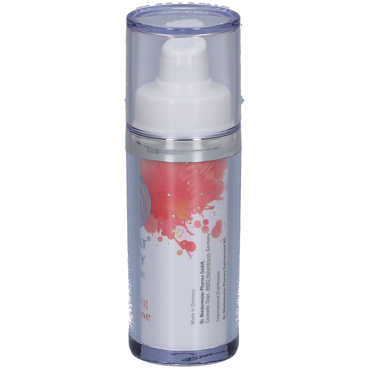 Flacon transparent avec pompe blanche et bouchon. Inscription : Regulat Beauty, Anti Aging Day Creme.