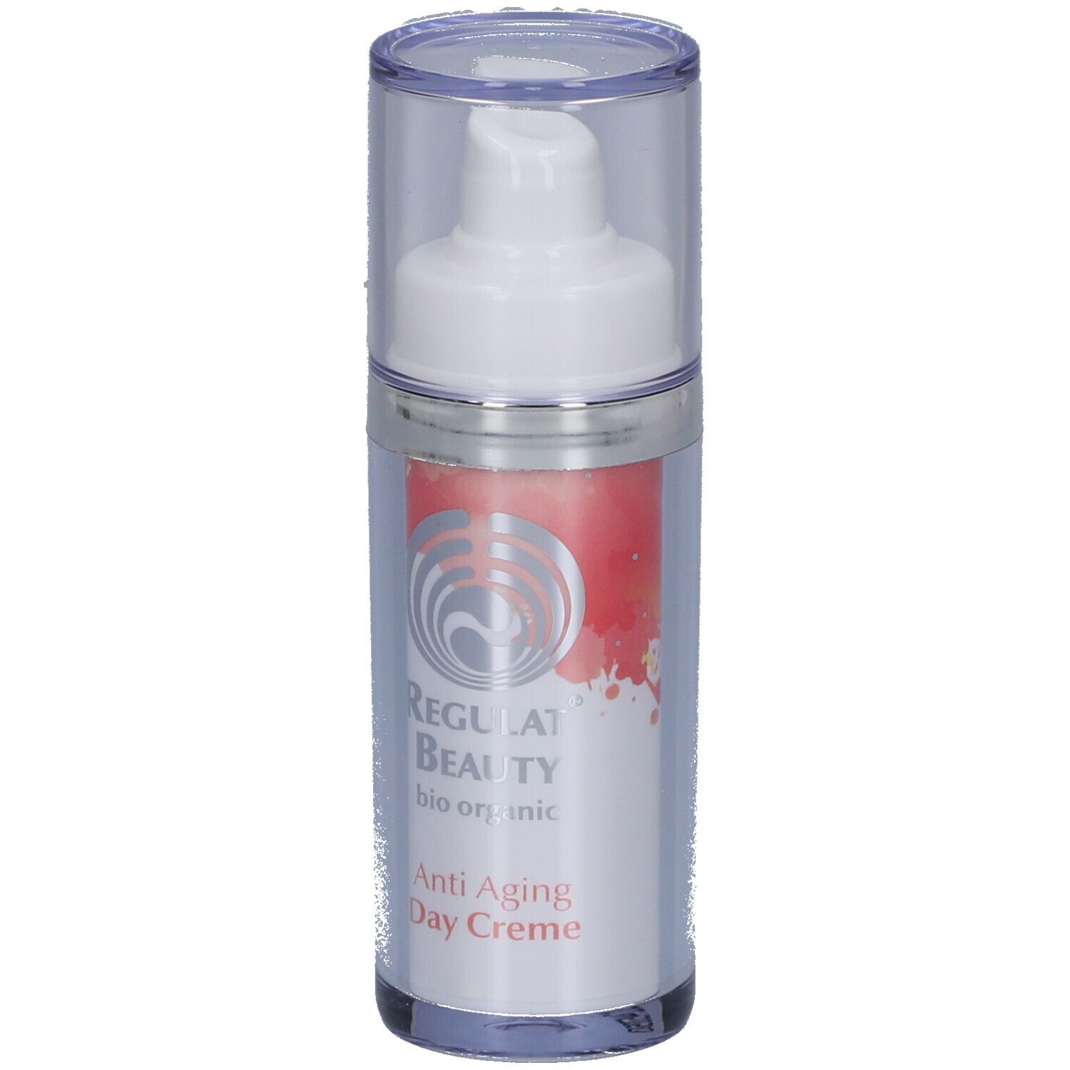 Flacon transparent avec pompe blanche et bouchon. Inscription : Regulat Beauty, Anti Aging Day Creme.