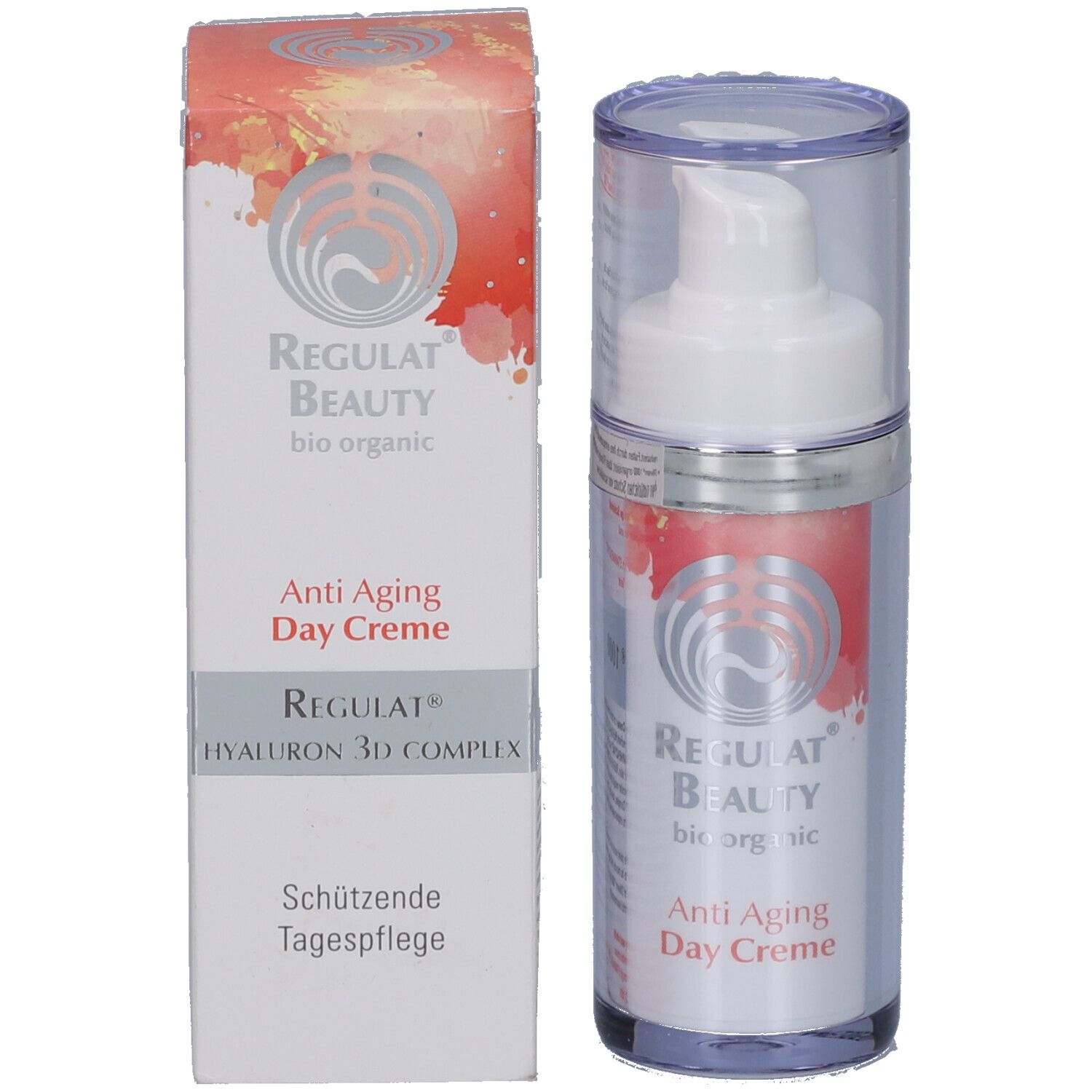 Flacon et boîte. Inscription : Regulat Beauty, Anti Aging Day Creme, Hyaluron 3D Complex.