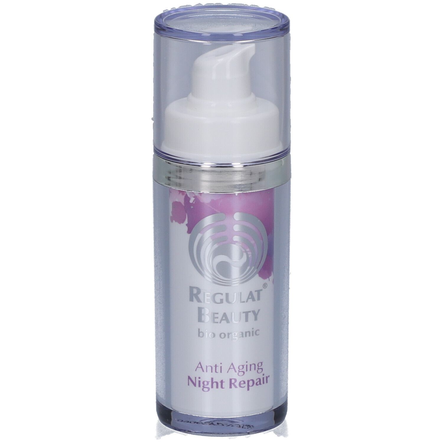 Creme-Spenderflasche mit Pumpkopf und transparenter Kappe. Aufschrift: Regulat Beauty, Anti Aging Night Repair.