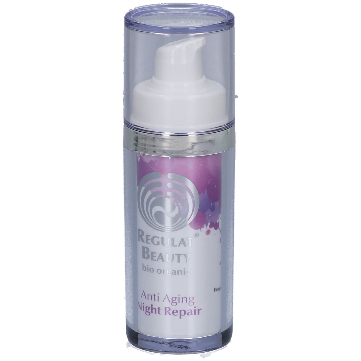 Creme-Spenderflasche mit Pumpkopf und transparenter Kappe. Aufschrift: Regulat Beauty, Anti Aging Night Repair.