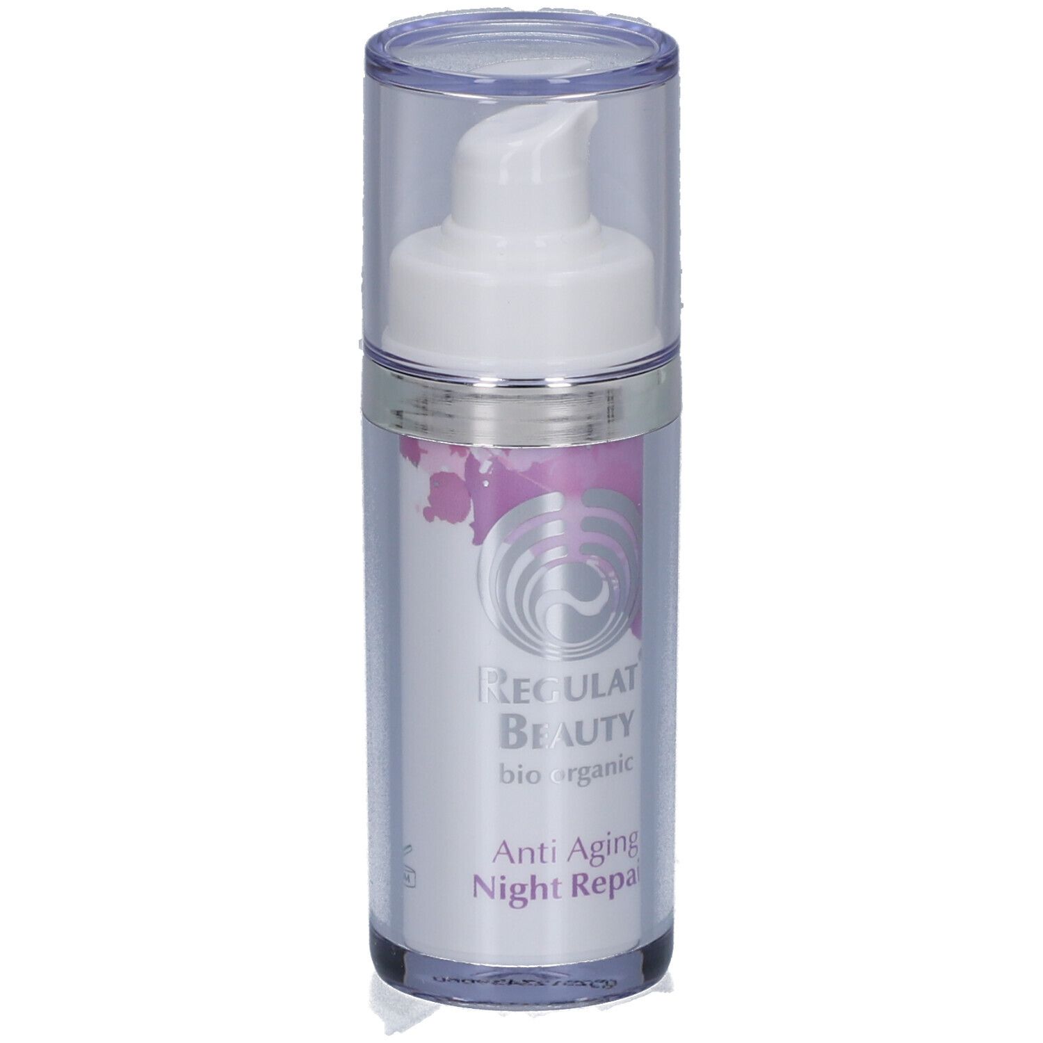 Creme-Spenderflasche mit Pumpkopf und transparenter Kappe. Aufschrift: Regulat Beauty, Anti Aging Night Repair.
