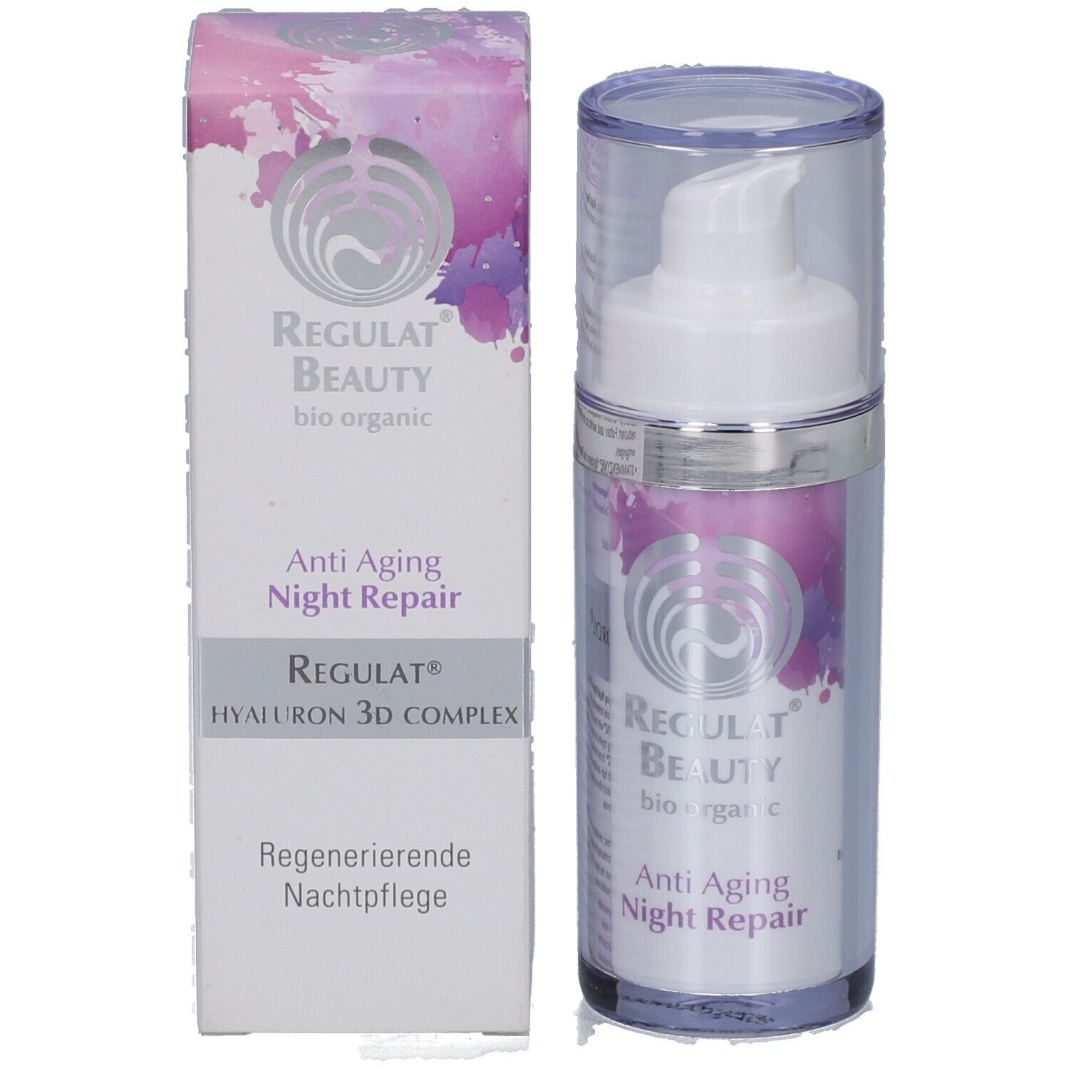 Produktverpackung mit Creme-Spenderflasche. Aufschrift: Regulat Beauty, Anti Aging Night Repair, Hyaluron 3D Complex.