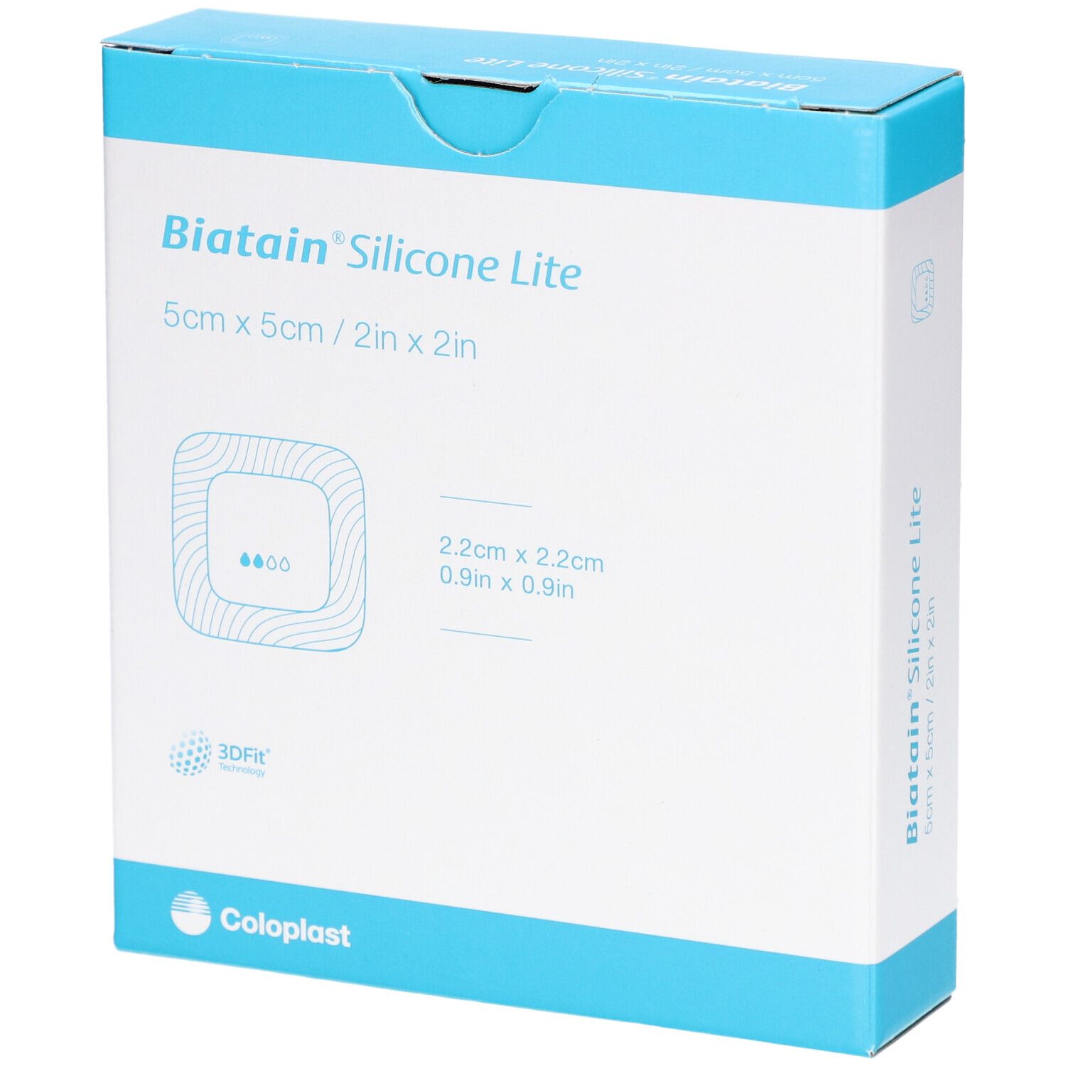 Verpackung von BIATAIN Silicone Lite. Blaue und weiße Schachtel mit Produktnamen und Größenangaben. Coloplast Logo.