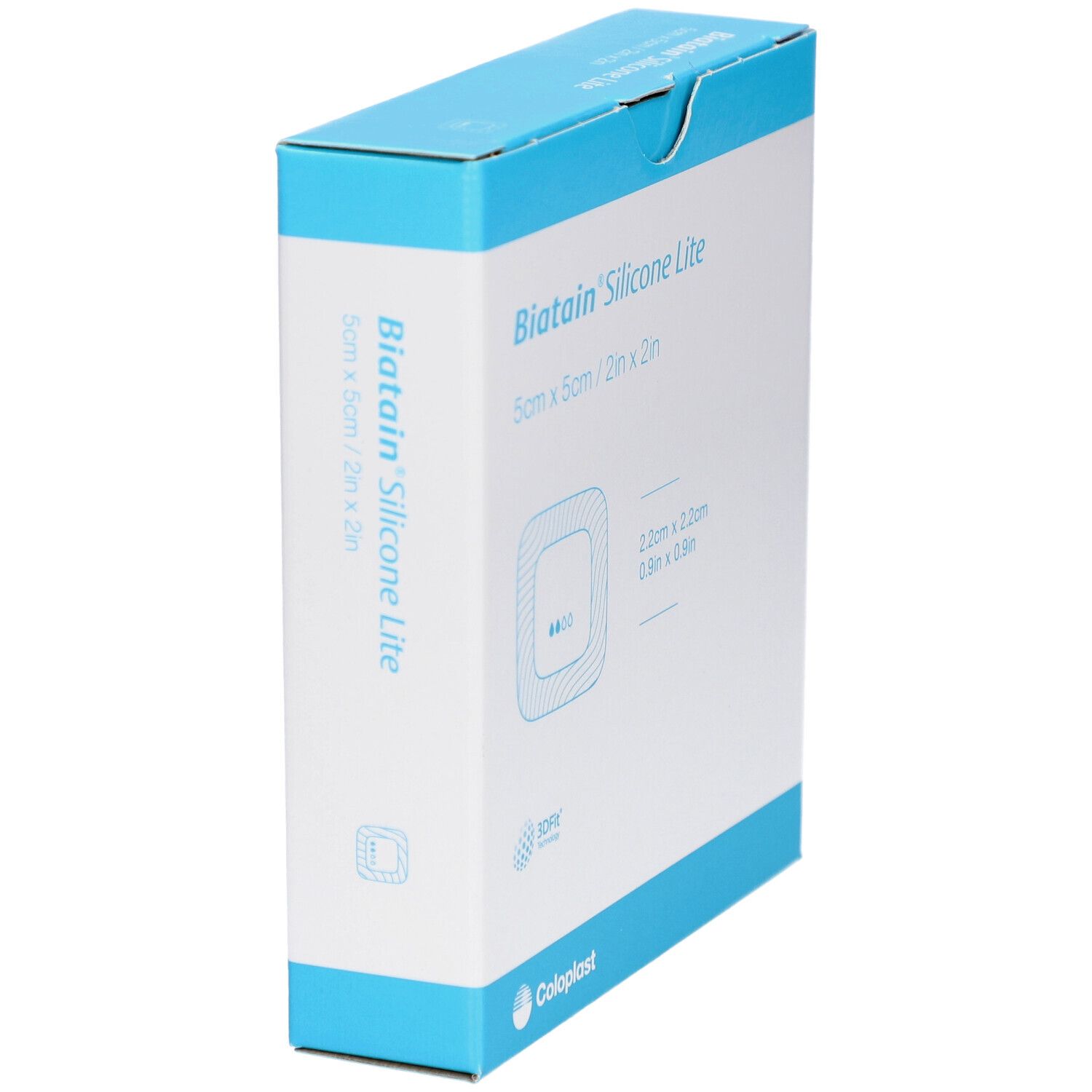 Schachtel BIATAIN Silicone Lite, blau-weiß. Produktname und Größenangaben auf der Verpackung. Coloplast Logo.