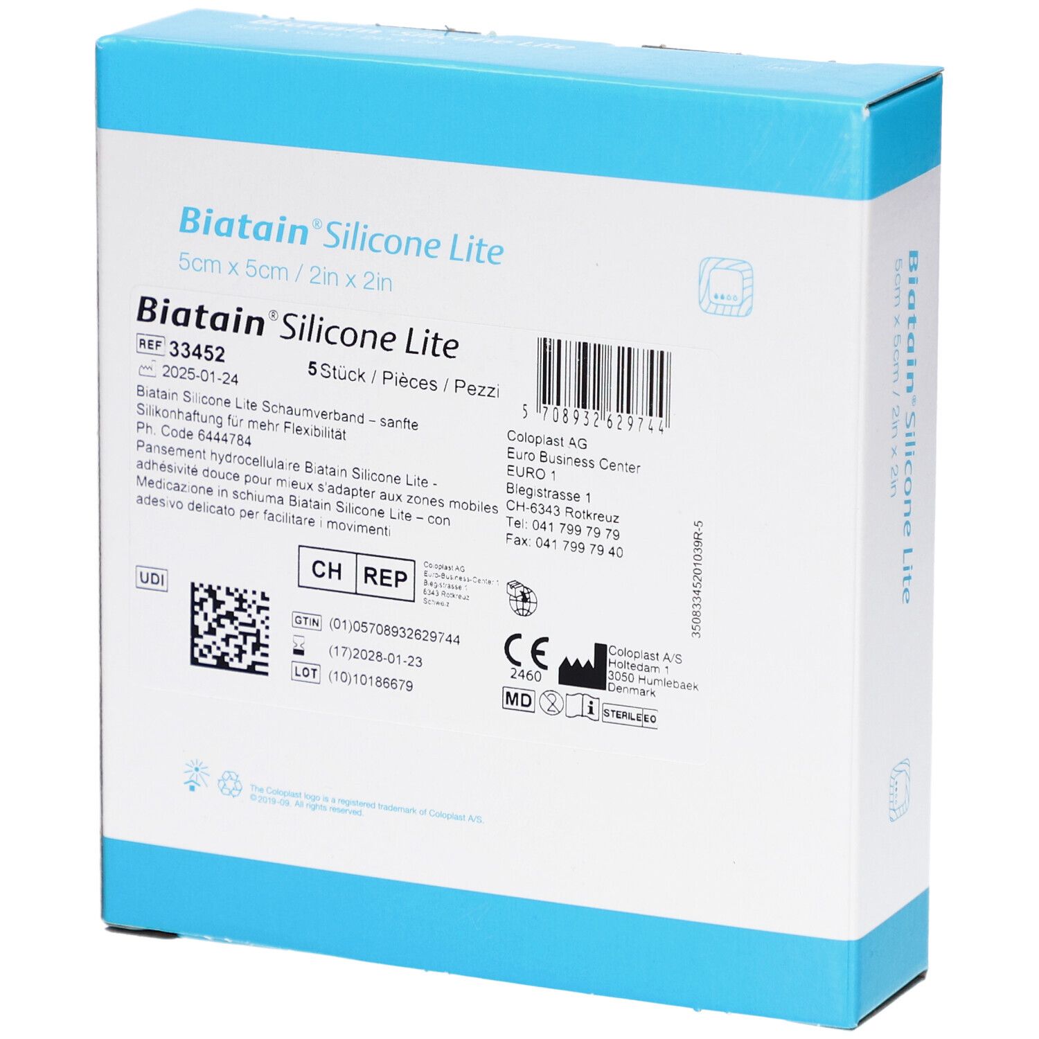 Verpackung BIATAIN Silicone Lite. Produktname, Größenangaben, Chargennummer und Barcode. CE-Kennzeichnung.