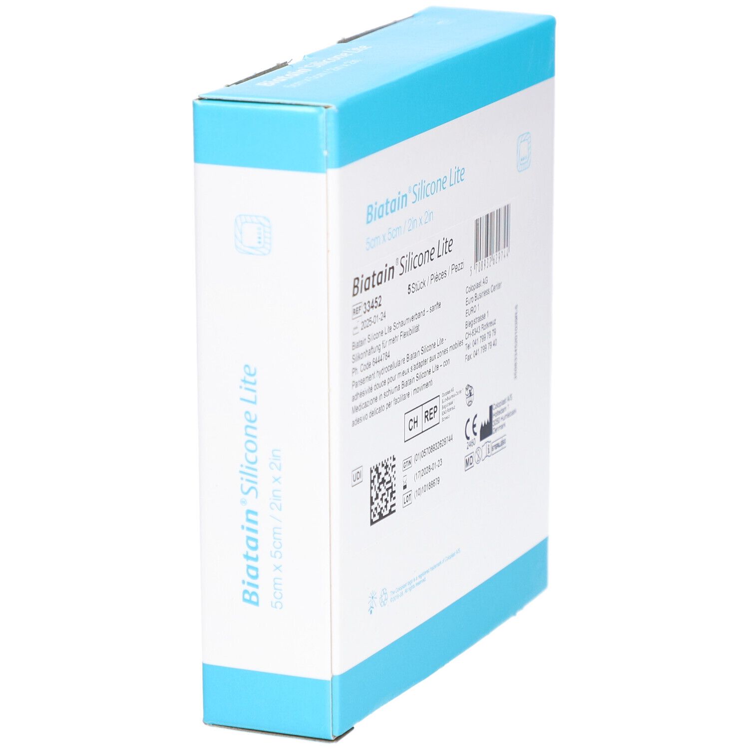 Schachtel BIATAIN Silicone Lite. Produktname, Größenangaben, Chargennummer und Barcode. CE-Kennzeichnung.