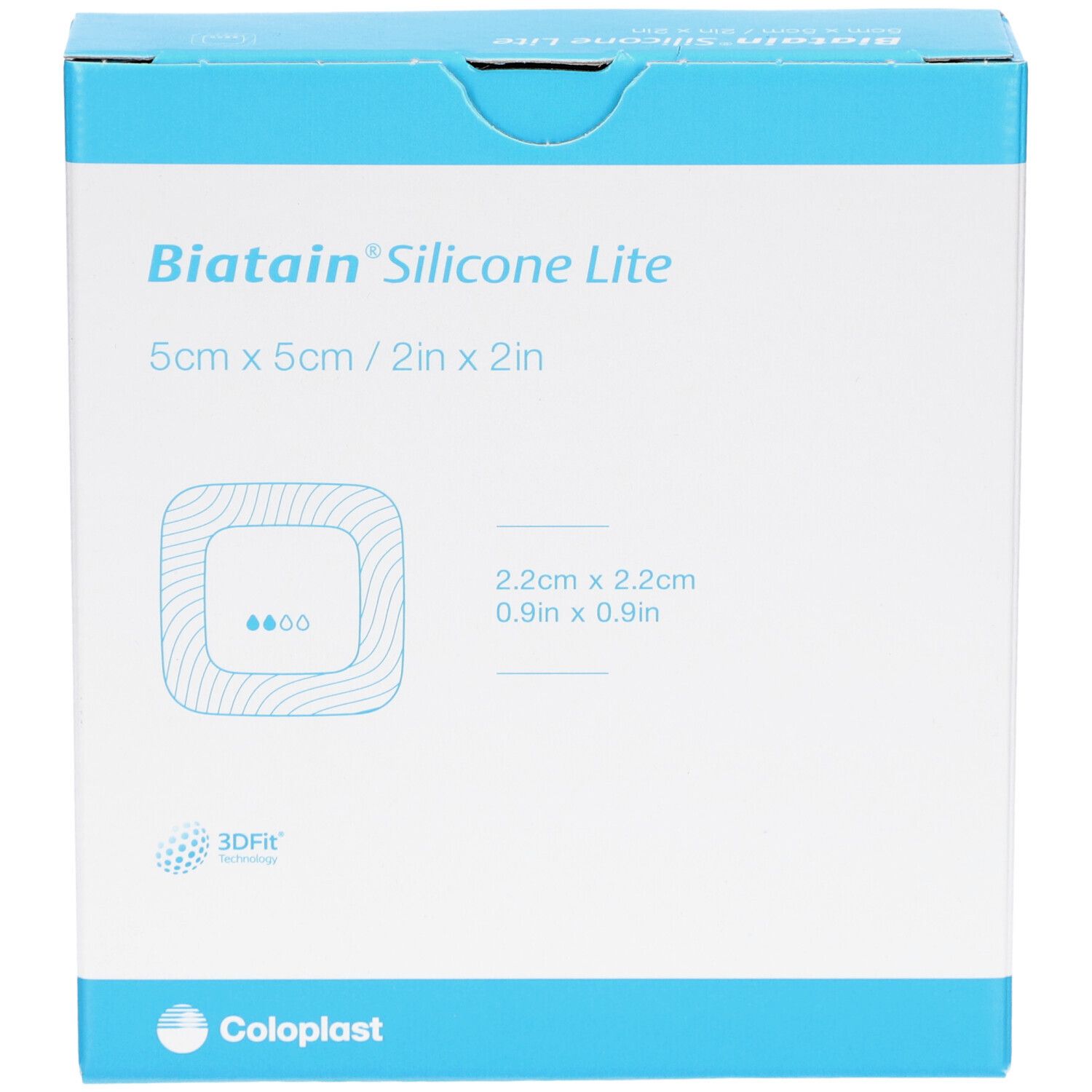 Verpackung BIATAIN Silicone Lite. Blaue und weiße Schachtel mit Produktnamen und Größenangaben. Coloplast Logo.