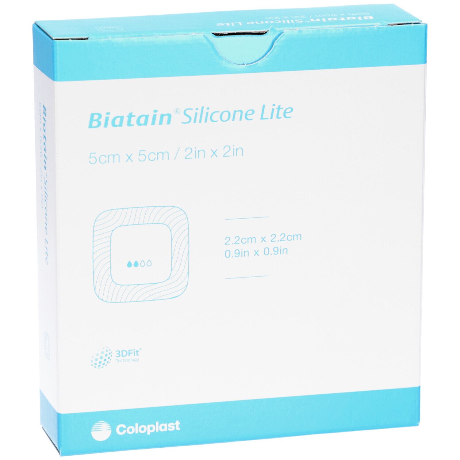 Verpackung BIATAIN Silicone Lite. Blaue und weiße Schachtel mit Produktnamen und Größenangaben. Coloplast Logo.