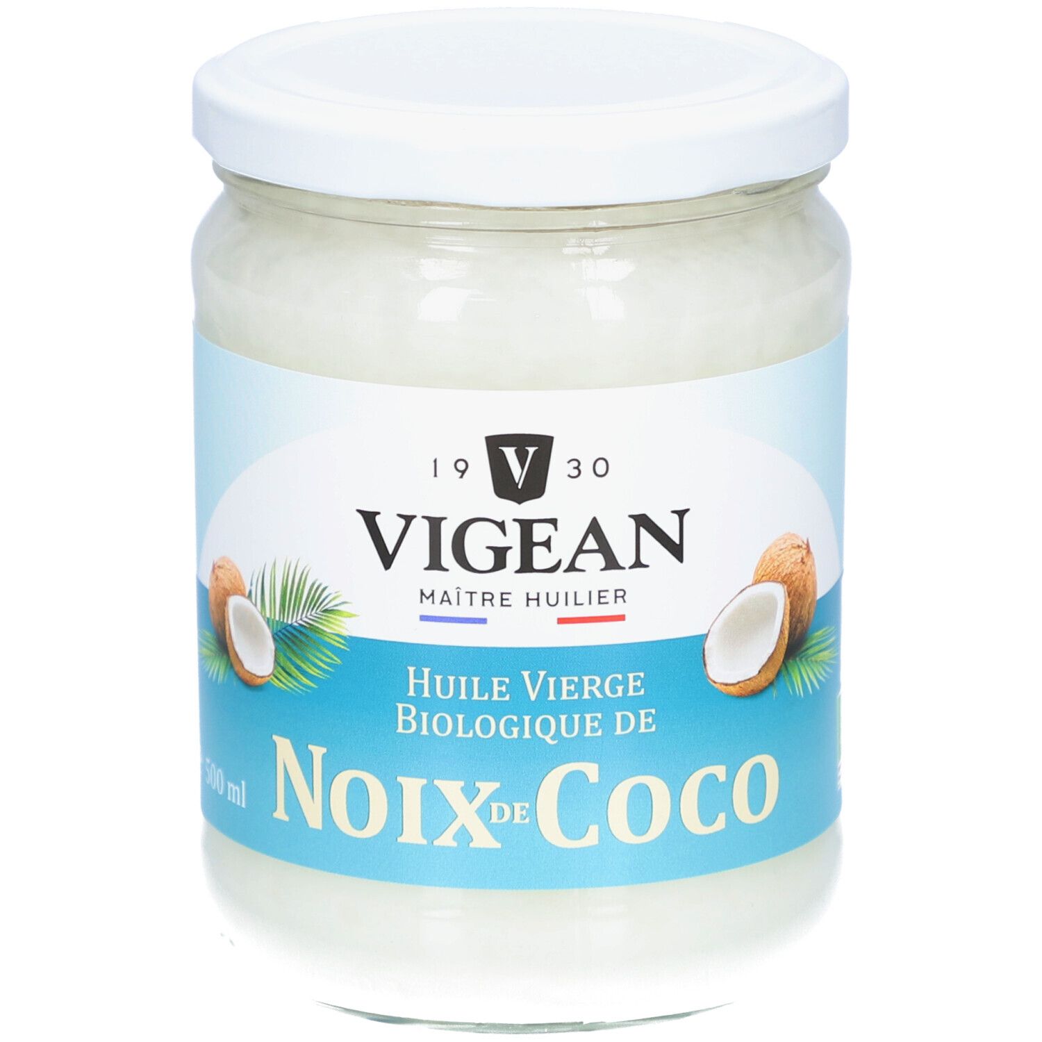 Glas mit Kokosöl. Aufschrift: VIGEAN, Huile Vierge Biologique de Noix de Coco. Abbildung von Kokosnüssen.