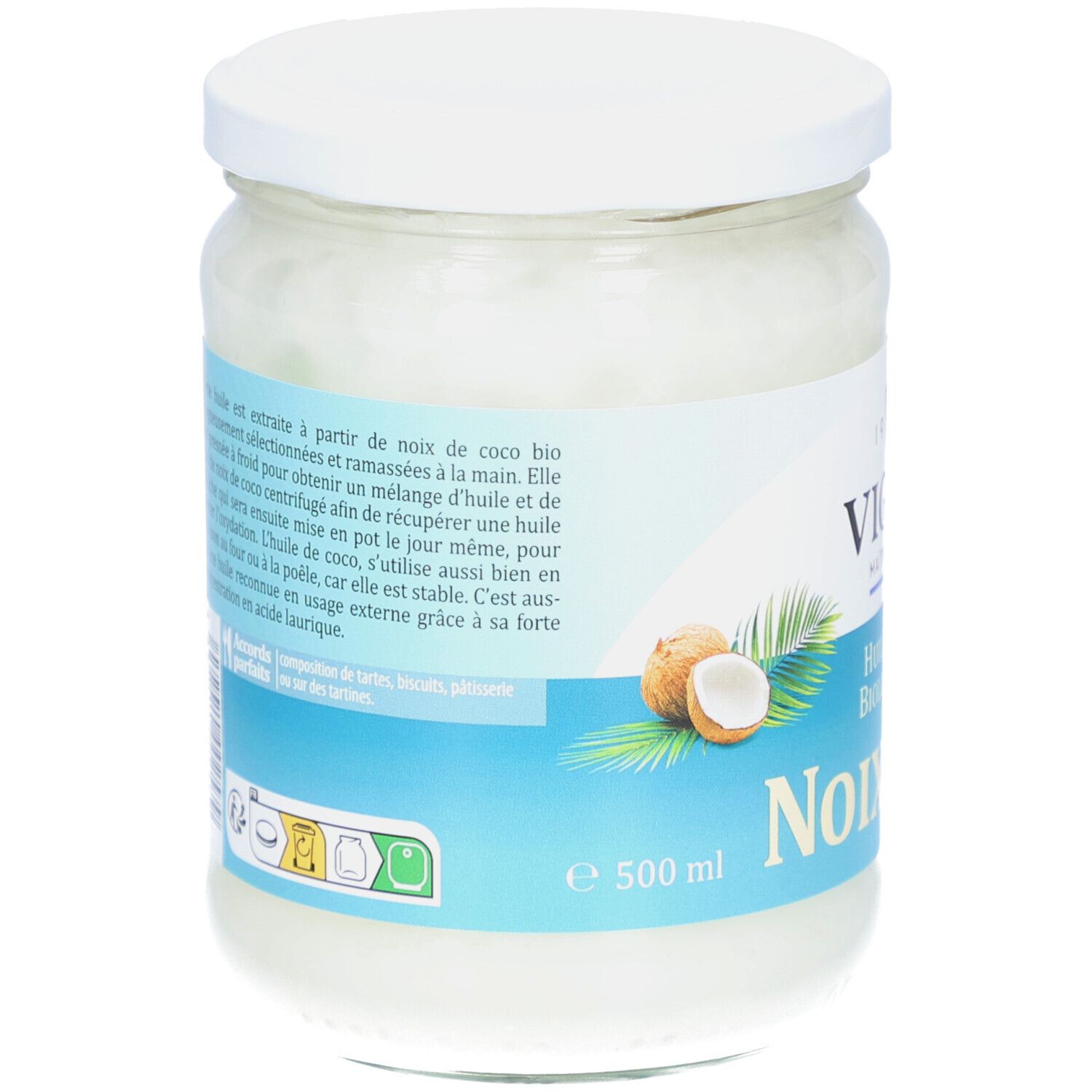 Rückseite des Kokosölglases. Text: Huile Vierge Biologique de Noix de Coco. Abbildung von Kokosnüssen und Blättern. 500 ml.