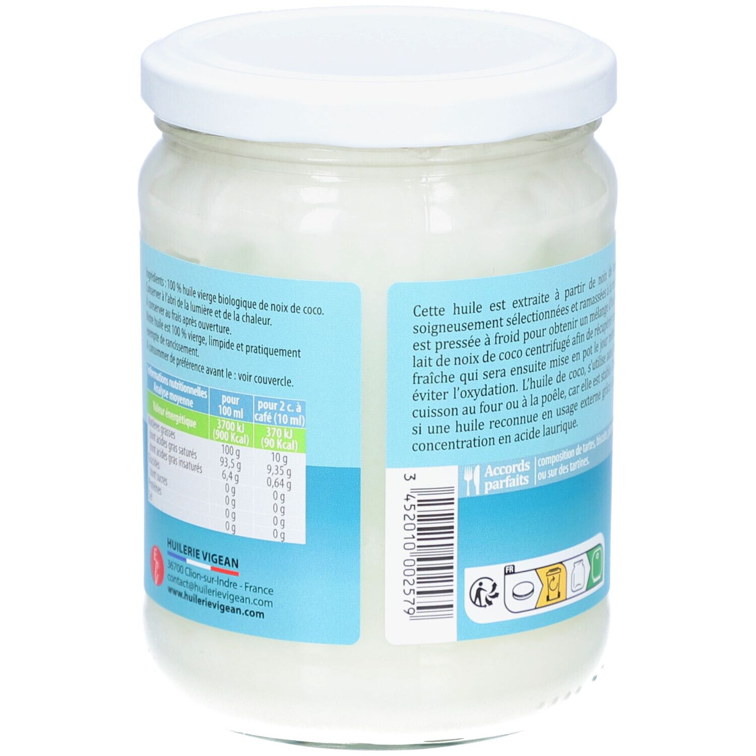 Rückseite des Kokosölglases. Text mit Nährwertangaben. Barcode. Aufschrift: Huile Vierge Biologique de Noix de Coco.