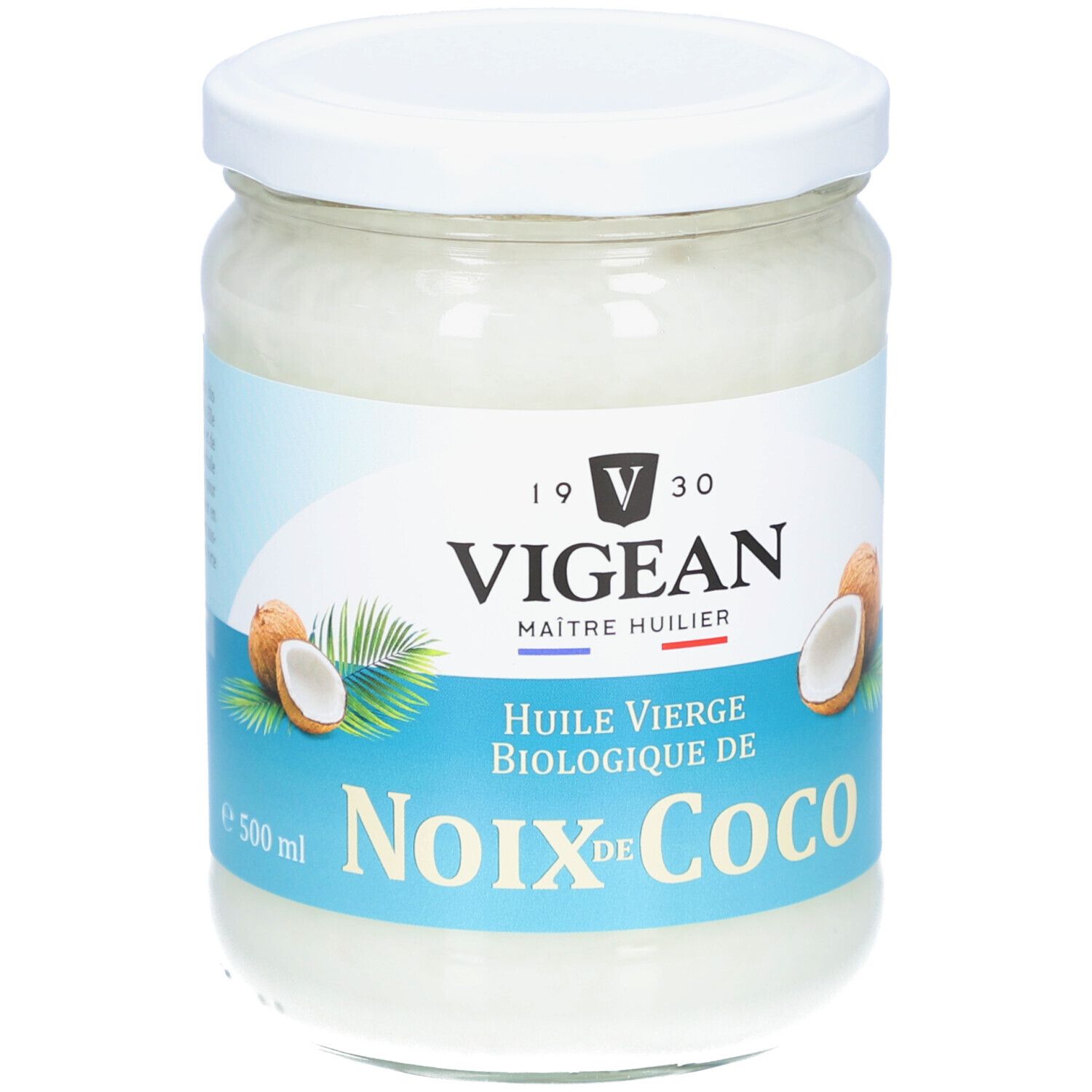 Glas mit Kokosöl. Aufschrift: VIGEAN, Huile Vierge Biologique de Noix de Coco. Abbildung von Kokosnüssen. 500 ml.