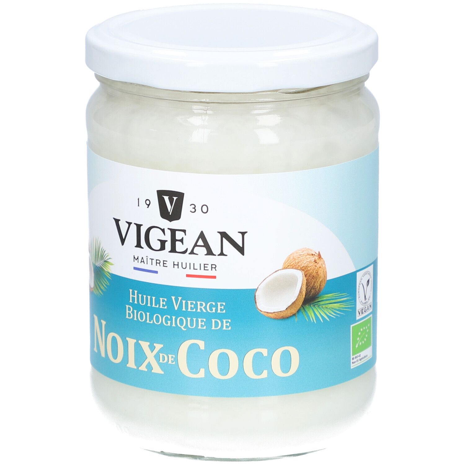 Glas mit Kokosöl. Aufschrift: VIGEAN, Huile Vierge Biologique de Noix de Coco. Abbildung von Kokosnüssen. Bio-Siegel.