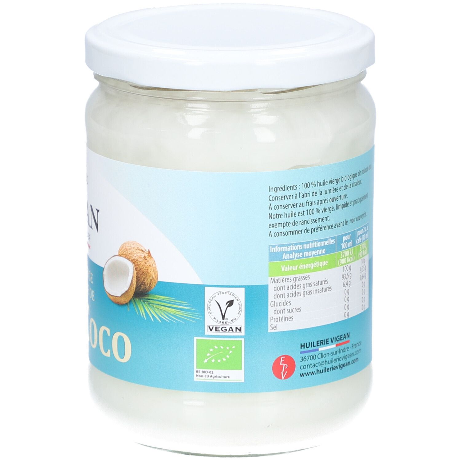 Rückseite des Kokosölglases. Text mit Nährwertangaben. Bio-Siegel. Vegan-Siegel. Aufschrift: Huile Vierge Biologique de Noix de Coco.