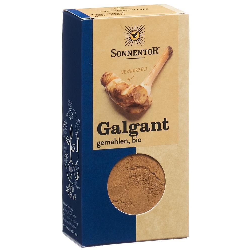 SONNENTOR Galgant gemahlen, BIO. Kartonverpackung mit Sichtfenster, zeigt Galgantwurzel und Pulver.