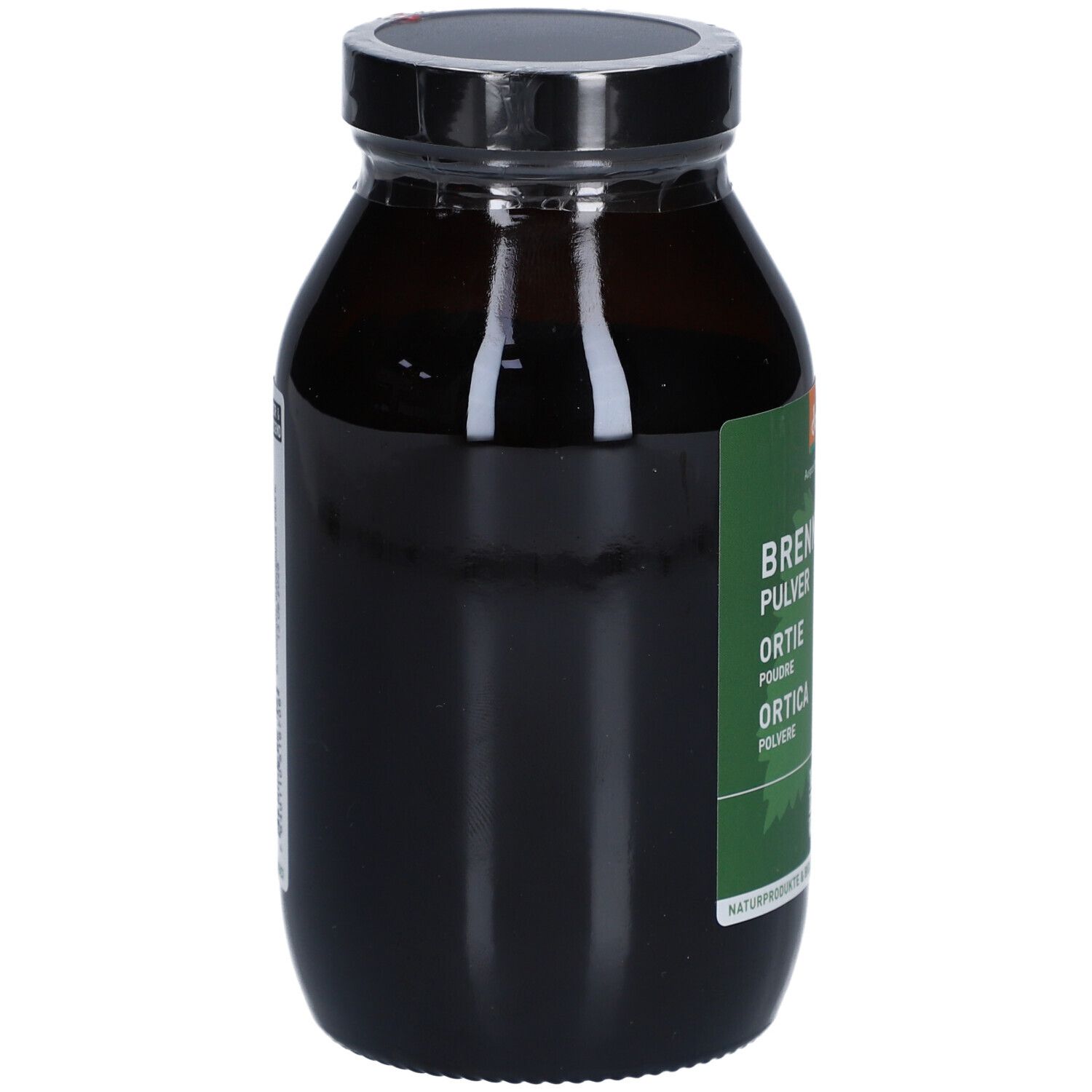 Braune Glasflasche mit schwarzem Deckel. Etikett mit Produktinformationen. NATURKRAFTWERKE Ortie Poudre Demeter.