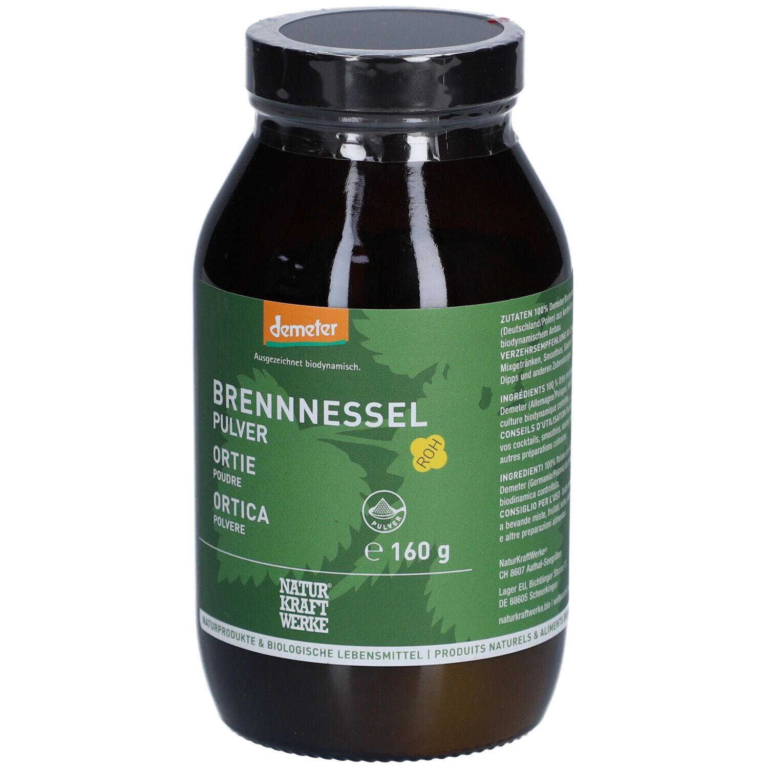 Braune Glasflasche mit schwarzem Deckel. Etikett mit Produktnamen, Demeter-Logo und 160g. NATURKRAFTWERKE Ortie Poudre Demeter.