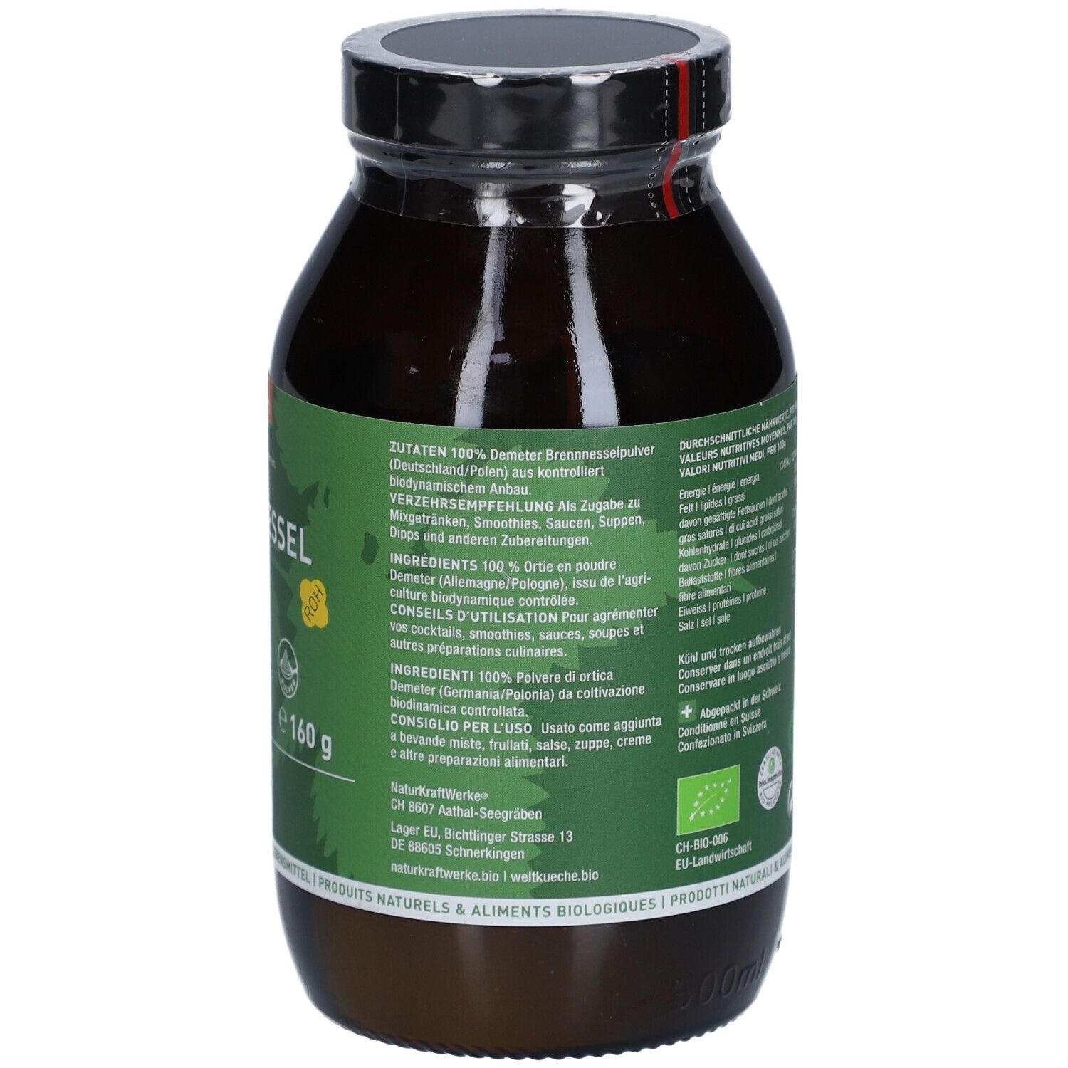 Braune Glasflasche mit schwarzem Deckel. Etikett mit Produktinformationen und 160g. NATURKRAFTWERKE Ortie Poudre Demeter.