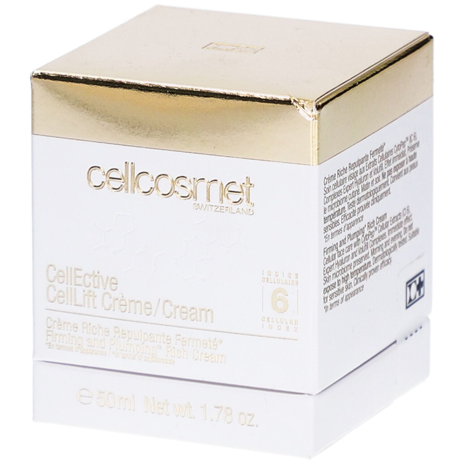 Boîte blanche et dorée. Inscription: cellcosmet, CellEctive CellLift Crème/Cream. 6 Cellulaires.