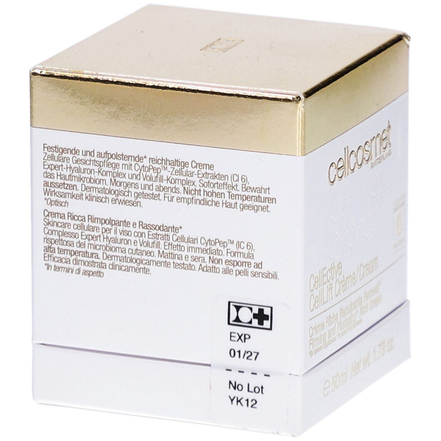 Boîte blanche et dorée. Texte: EXP 01/27, No Lot YK12. cellcosmet, CellEctive CellLift Crème/Cream.