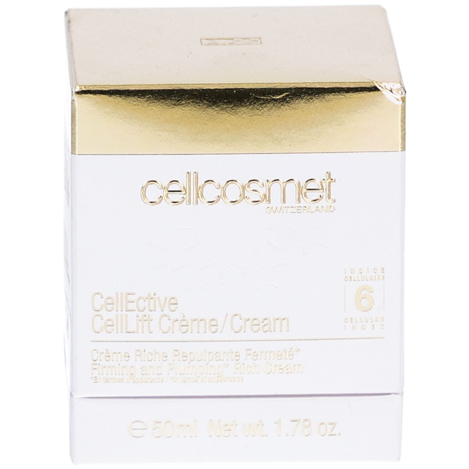 Boîte blanche et dorée. Inscription: cellcosmet, CellEctive CellLift Crème/Cream. 6 Cellulaires.
