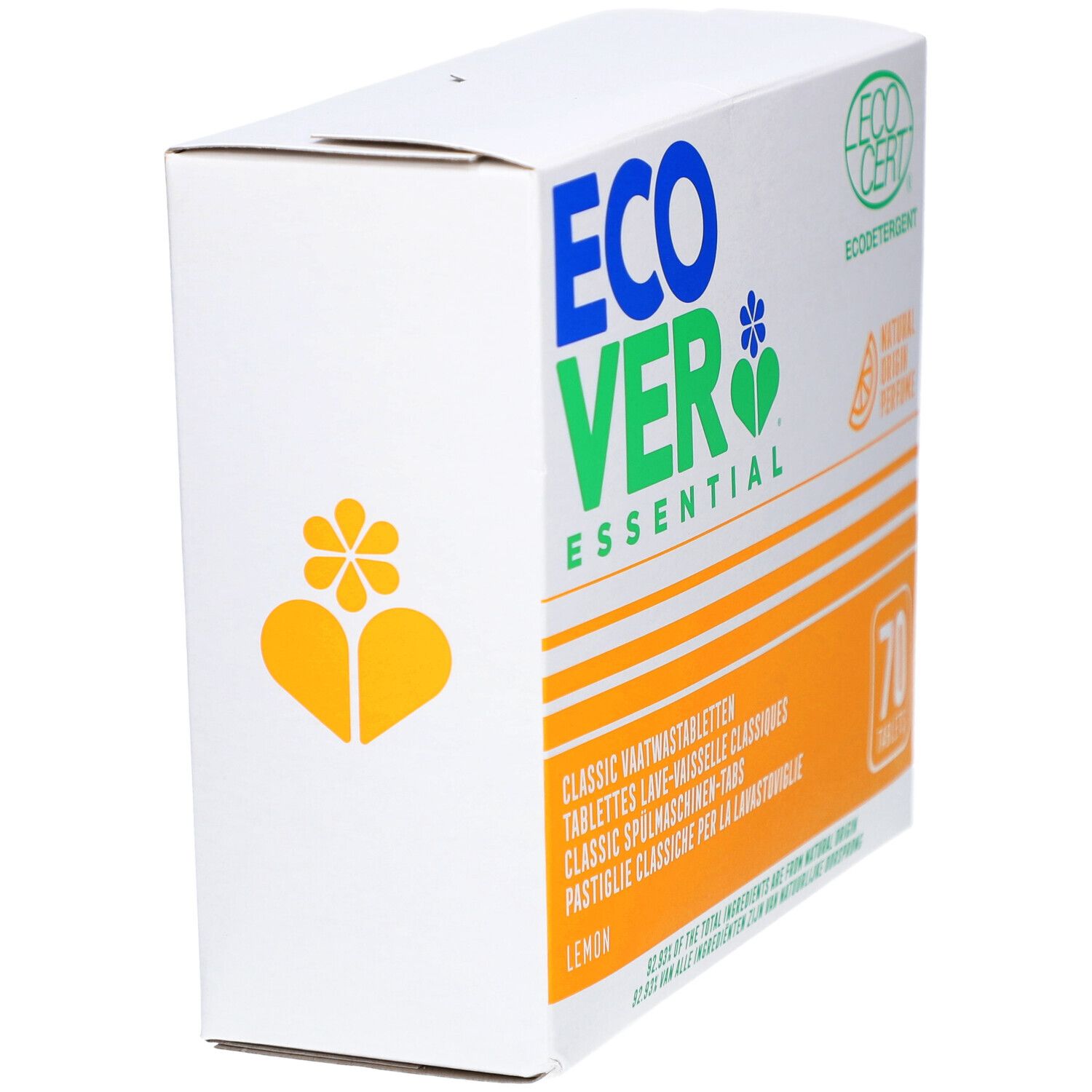 Ecover-Verpackung mit Spülmaschinentabs. Logo Ecocert. Eckige Box, weiß mit gelben und grünen Akzenten. 70 Tabs. Zitrone.