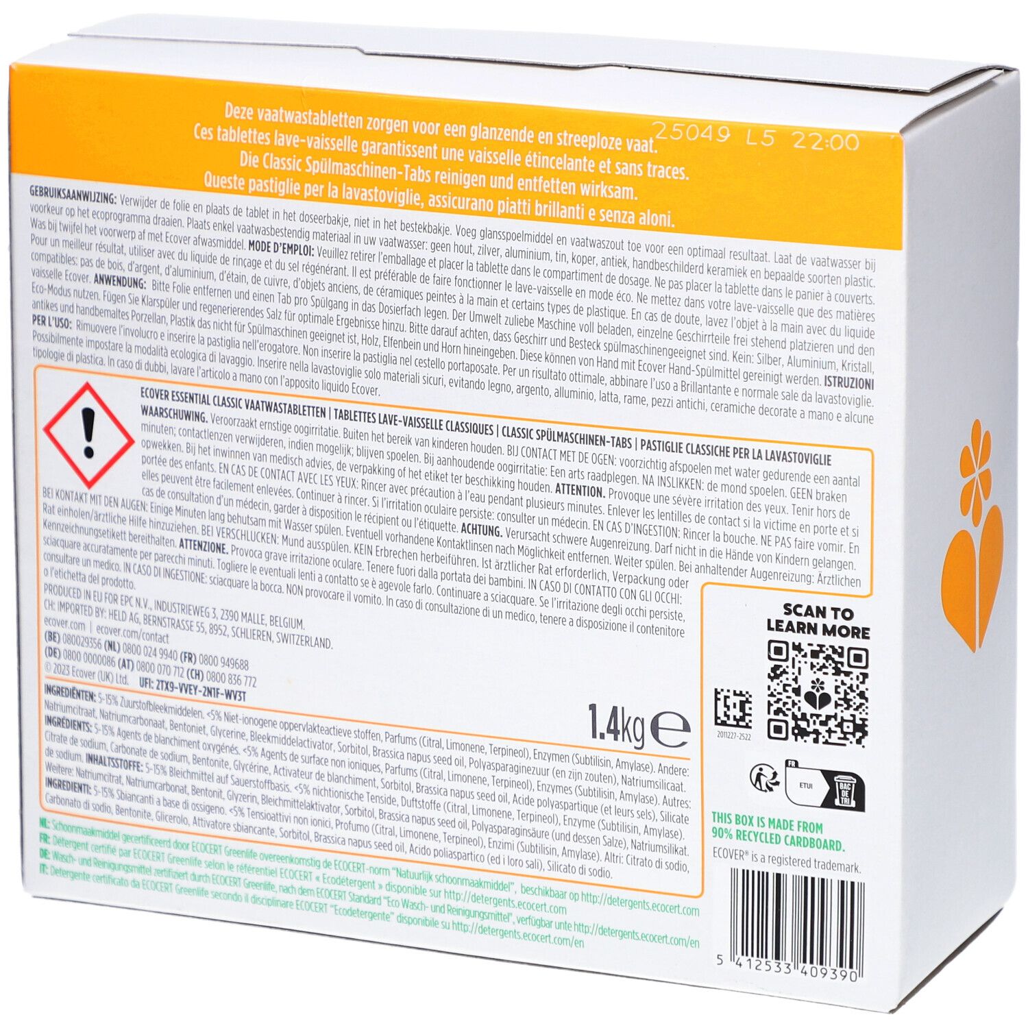 Rückseite der Ecover-Verpackung. Text in mehreren Sprachen. Warnhinweise, QR-Code. 1,4 kg. Hergestellt aus 90% recyceltem Karton.