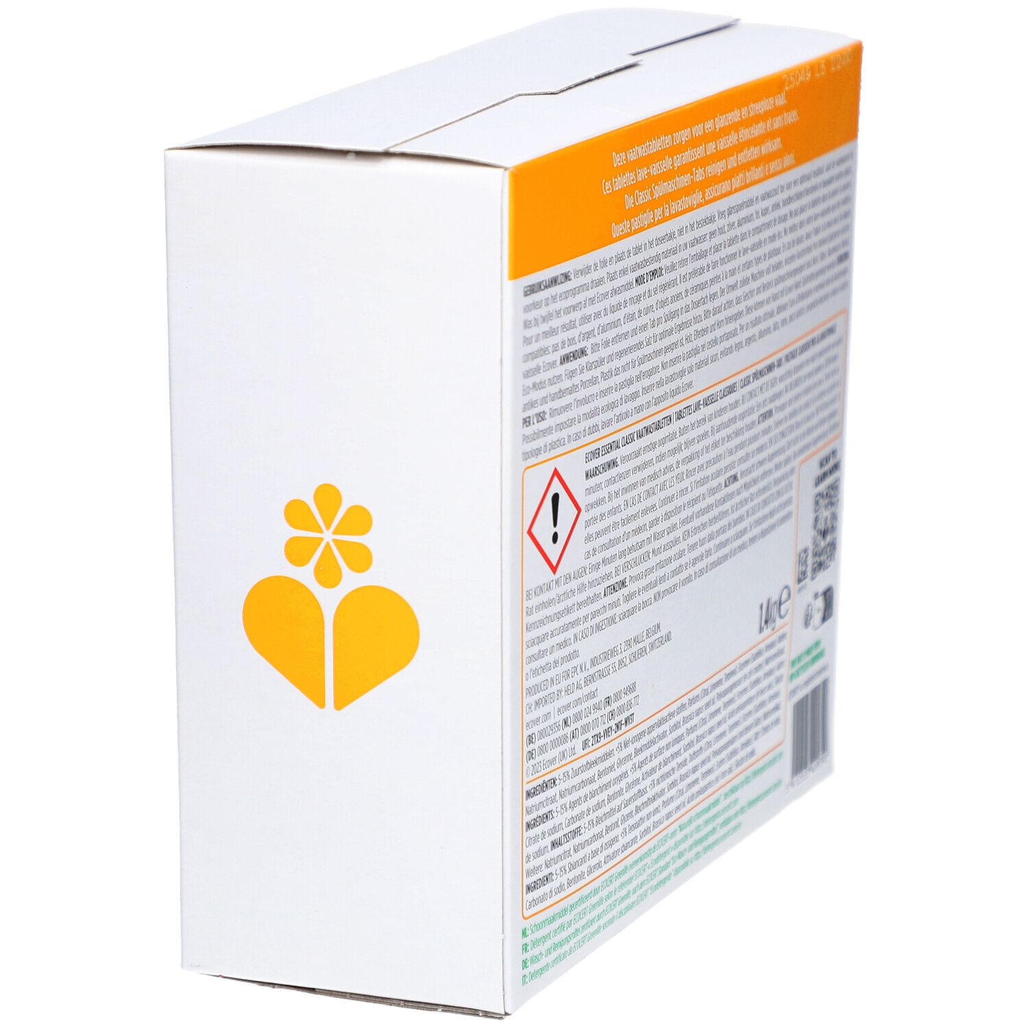 Ecover-Verpackung, Seitenansicht. Text und Warnhinweise. Gelbes Logo mit Herz. 1,4 kg. Hergestellt aus recyceltem Karton.