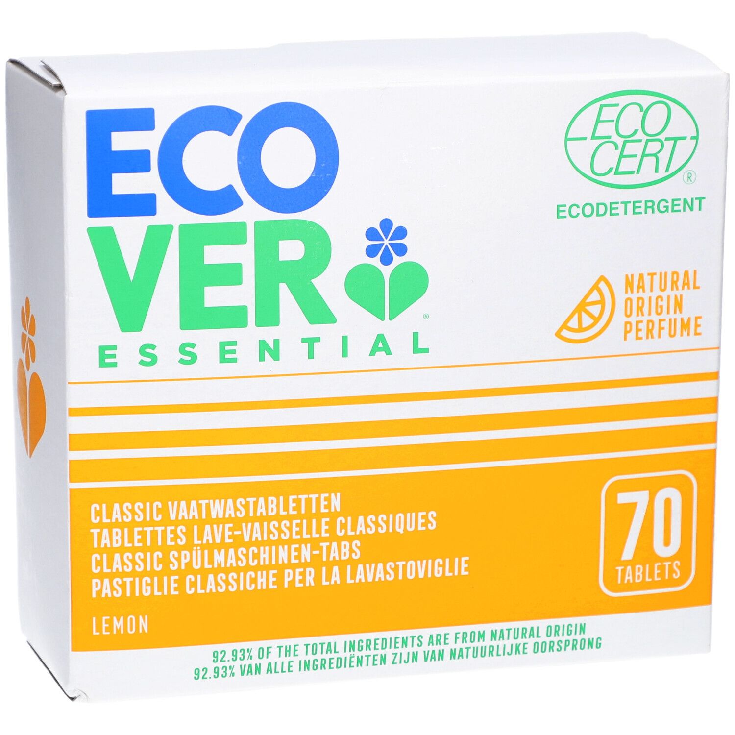 Ecover-Verpackung mit Spülmaschinentabs. Logo Ecocert. 70 Tabs. Zitrone. Text in Deutsch, Französisch, Italienisch, Niederländisch.