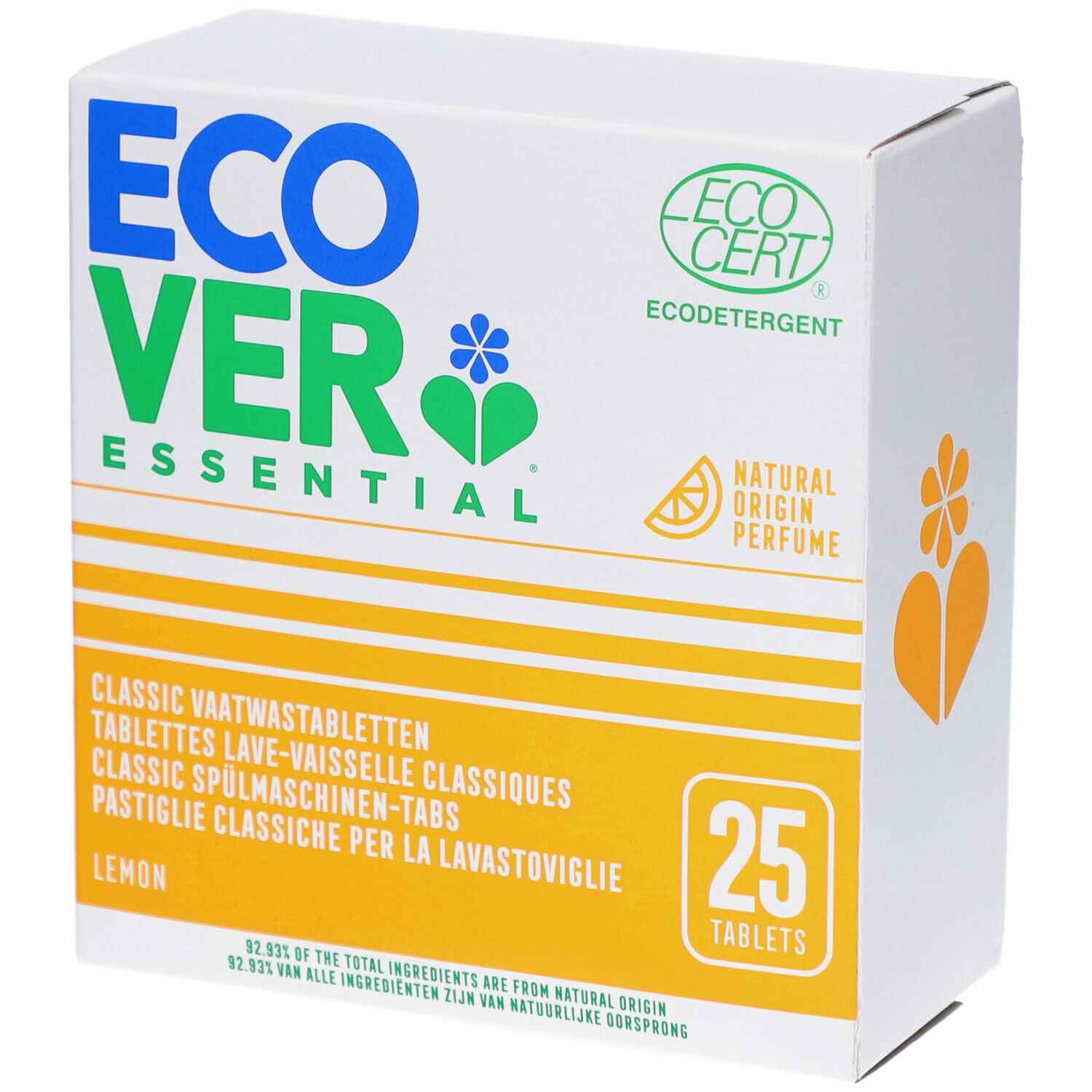 Weißer Karton mit ECOVER-Logo, grüner Schrift und gelben Akzenten. Enthält 25 Spülmaschinentabs. ECOCERT-Siegel.