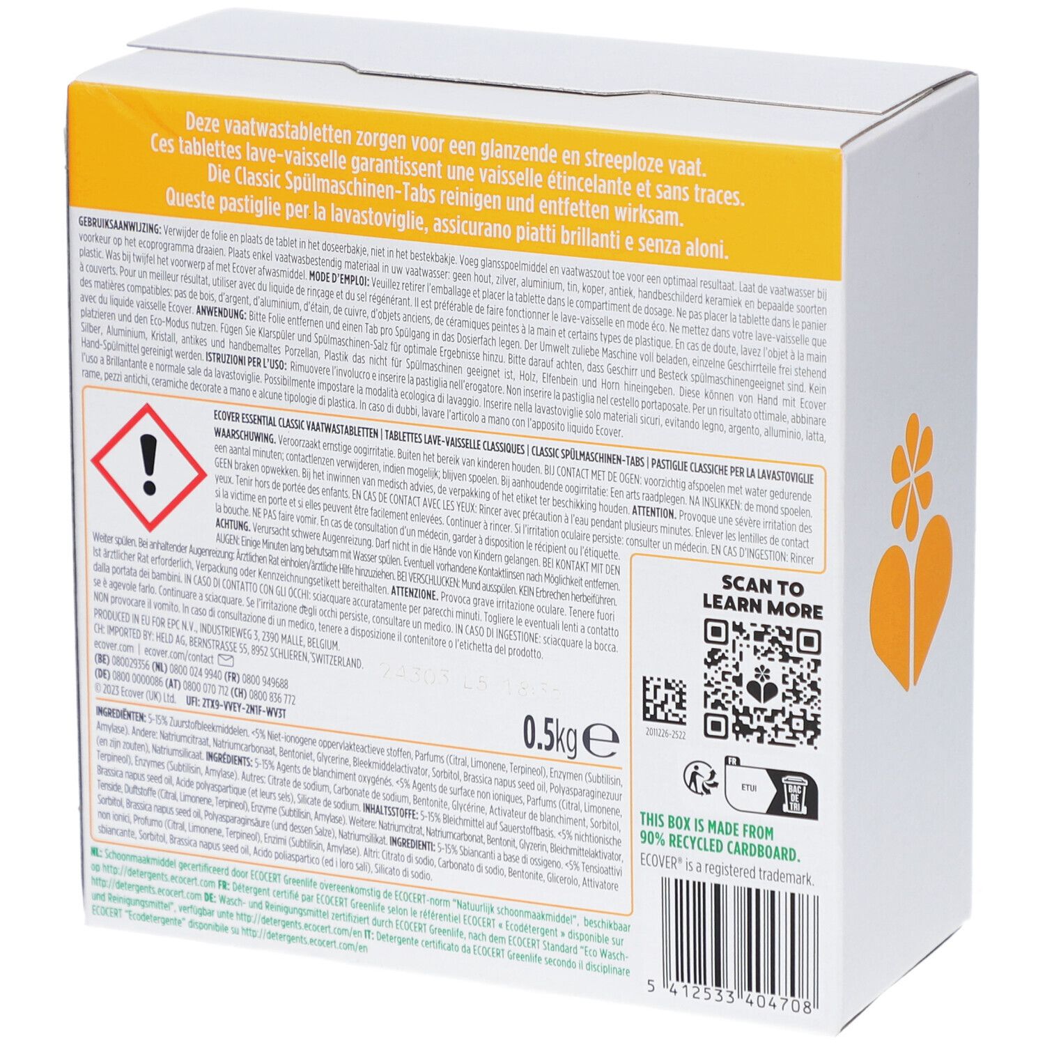 Rückseite des weißen Kartons mit Text und Warnsymbolen. Enthält 0,5 kg Spülmaschinentabs. QR-Code zum Scannen.