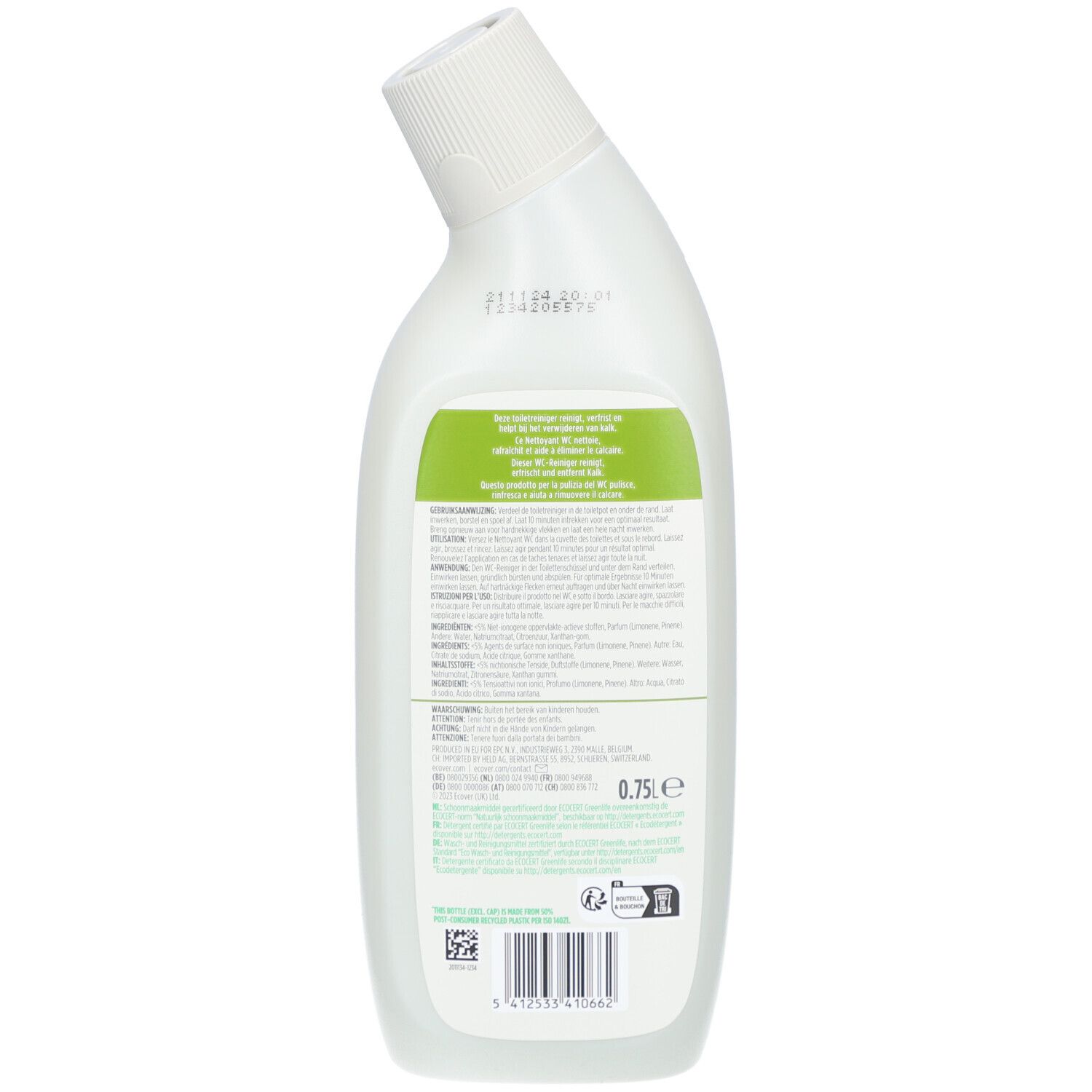 Dos du flacon blanc. Étiquette avec ingrédients et informations. Label ECO CERT. 0,75 l.