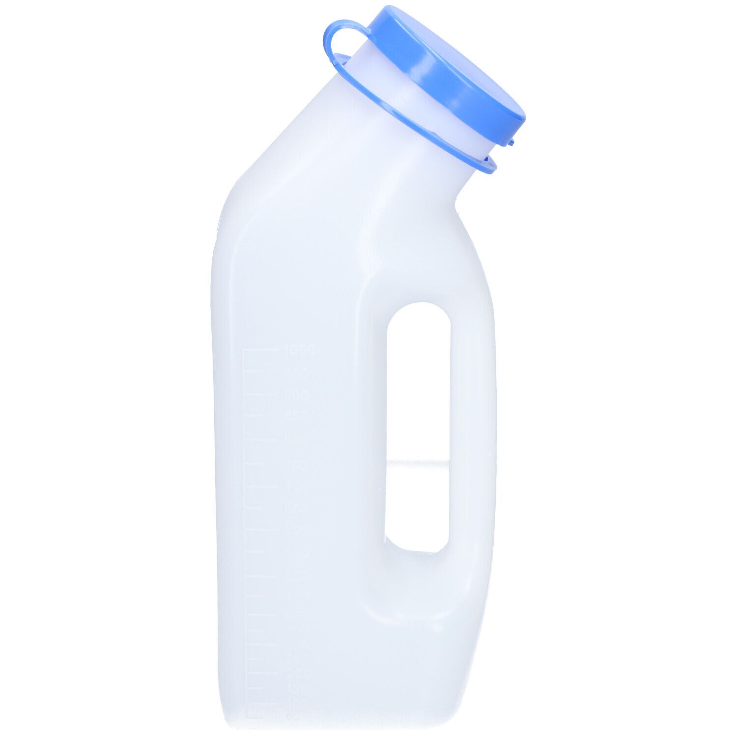 Urinflasche, transparentes Kunststoff, mit blauem Deckel und Griff. Schräge Form, Messskala.